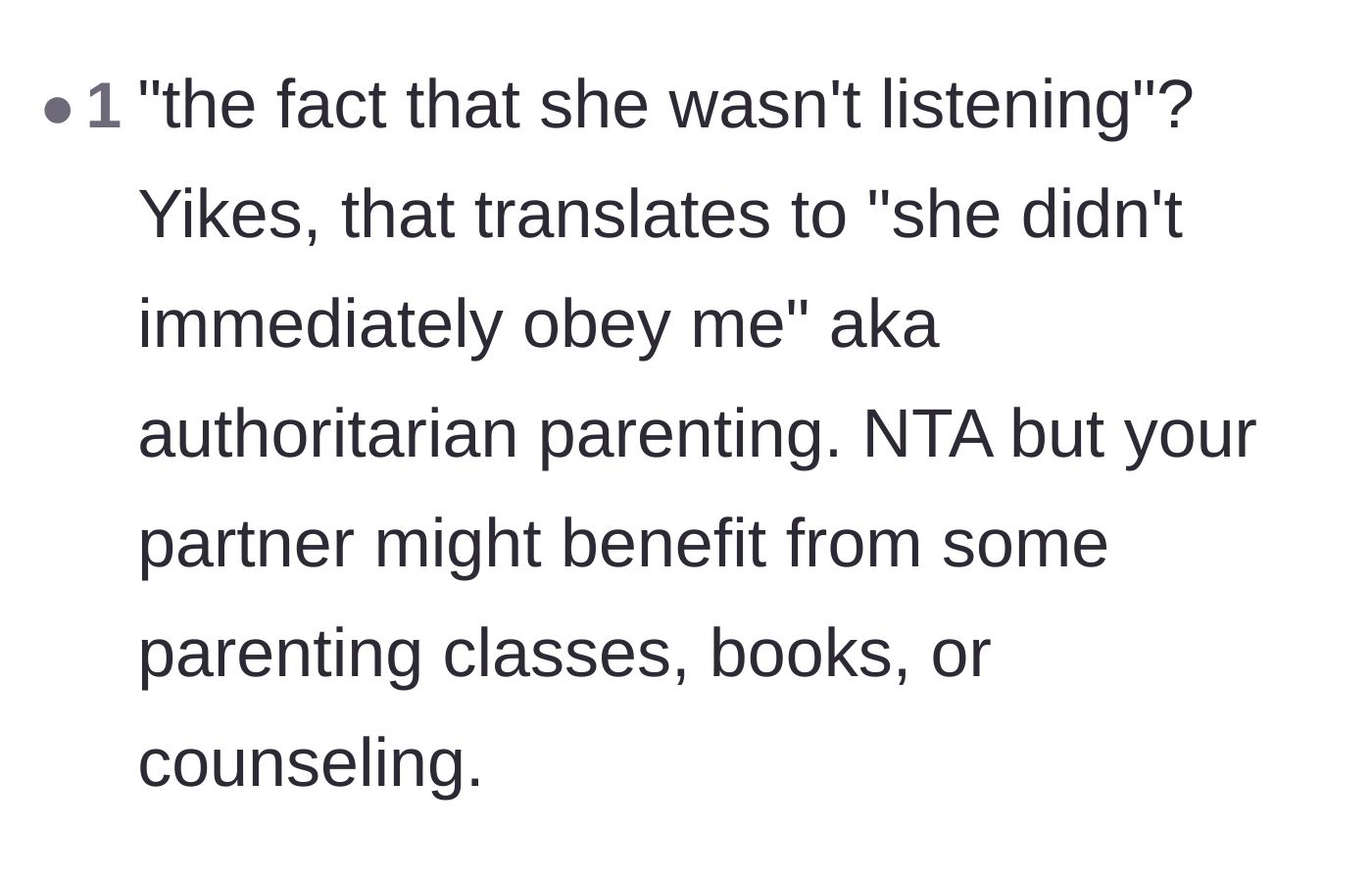Comment thread 6 - A critique of the husband's authoritarian parenting style, equating 'not listening' with a failure to immediately obey.