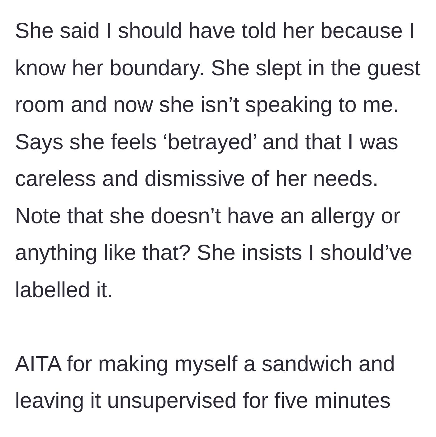 Story part 4 - The wife sleeps in the guest room, demanding the main character should have labeled their food with a warning.