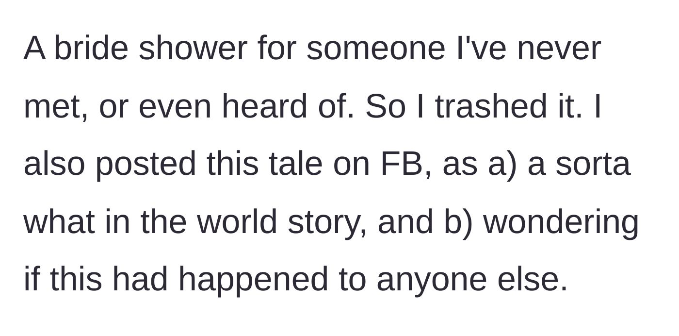 Story part 2 - Throwing the mystery invitation in the trash and posting a funny status about it on Facebook