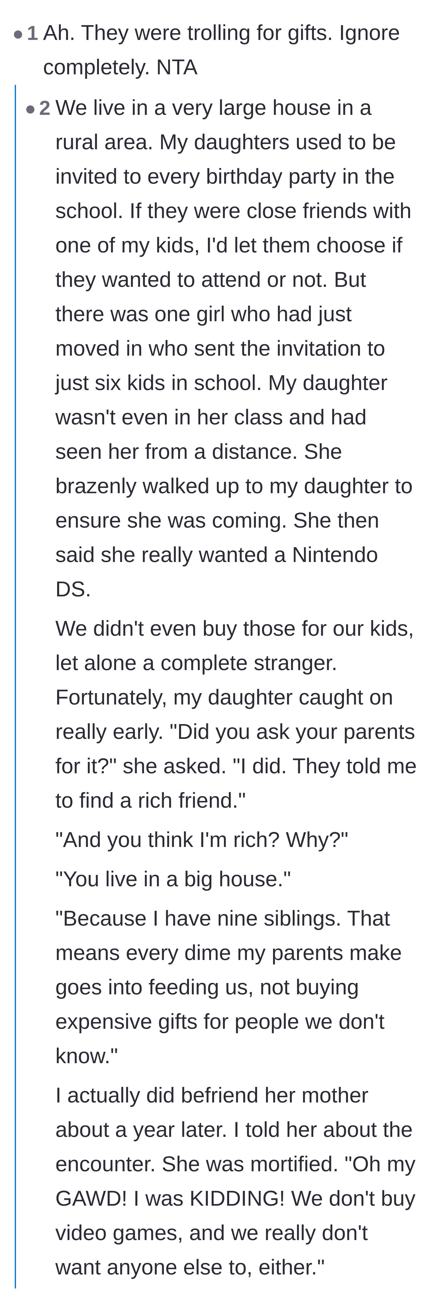 Comment thread 1 - A commenter calling out the wedding gift grab, leading to a hilarious side story about a child literally demanding a Nintendo DS from a stranger.