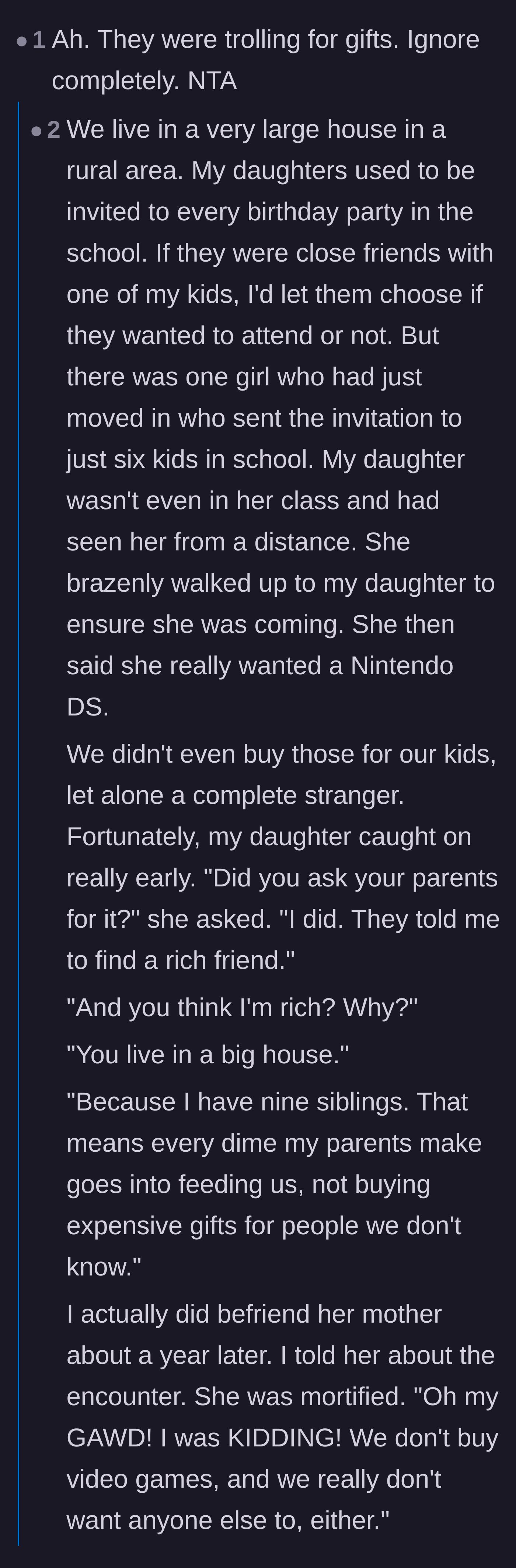 Comment thread 1 - A commenter calling out the wedding gift grab, leading to a hilarious side story about a child literally demanding a Nintendo DS from a stranger.