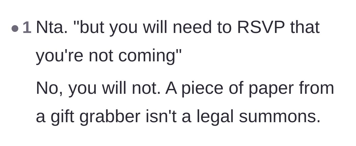 Comment thread 5 - A commenter reminding everyone that an invitation from a stranger is not a legally binding summons.