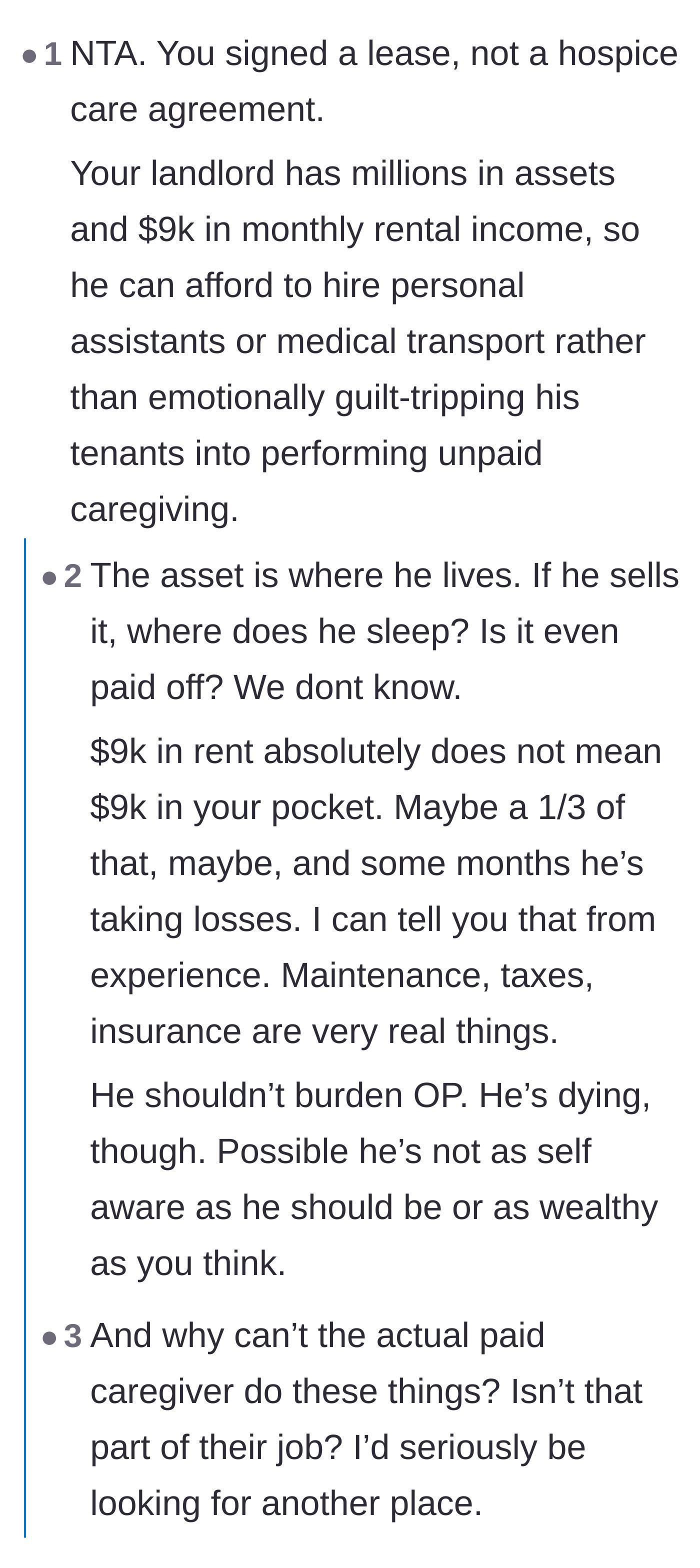 Comment thread 1 - Readers debate whether the landlord's property wealth excuses his demands or makes his manipulation worse