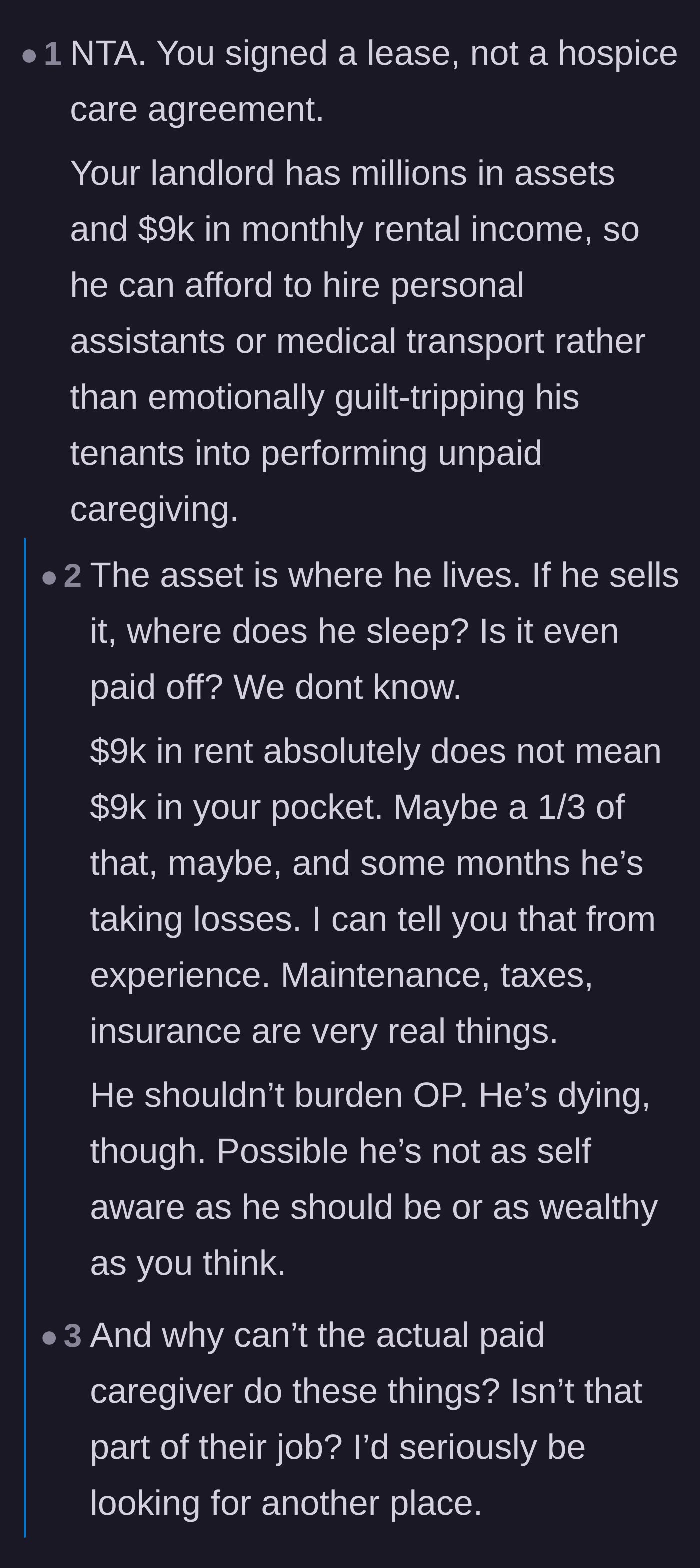 Comment thread 1 - Readers debate whether the landlord's property wealth excuses his demands or makes his manipulation worse