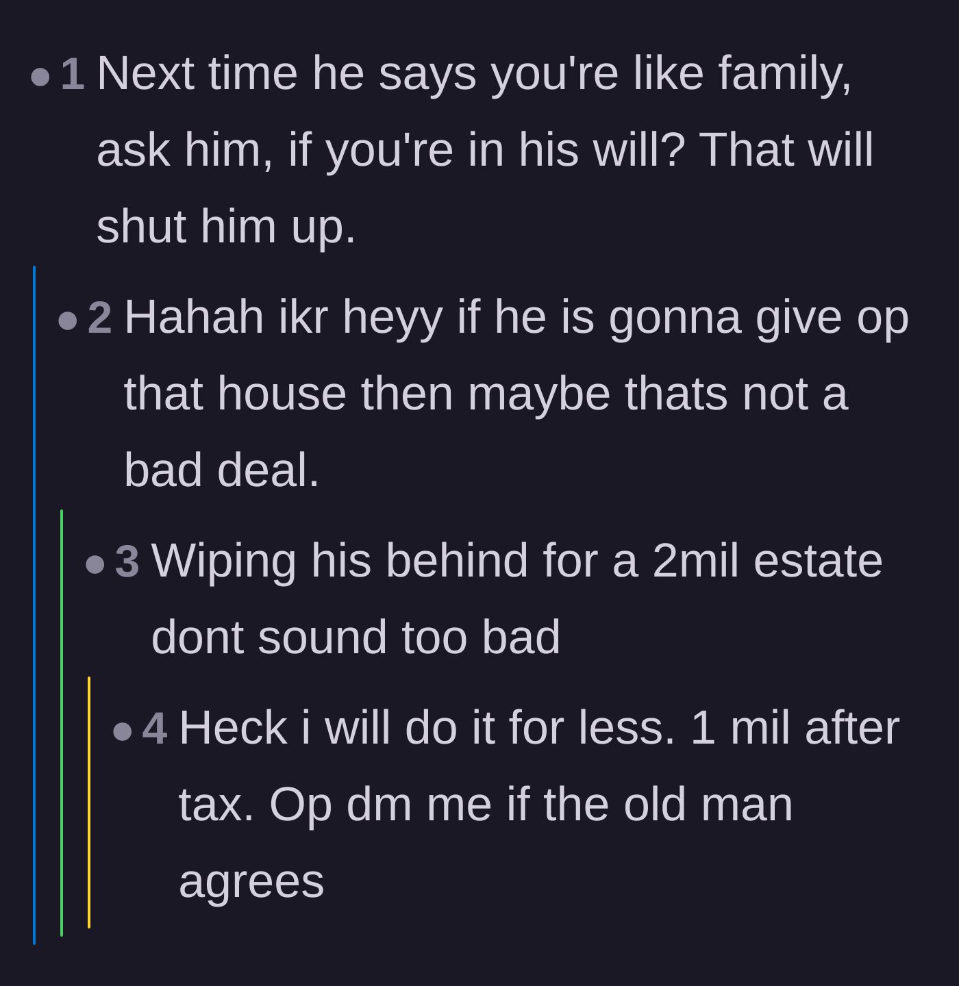 Comment thread 2 - Commenters joke about demanding a spot in the landlord's will in exchange for caregiving