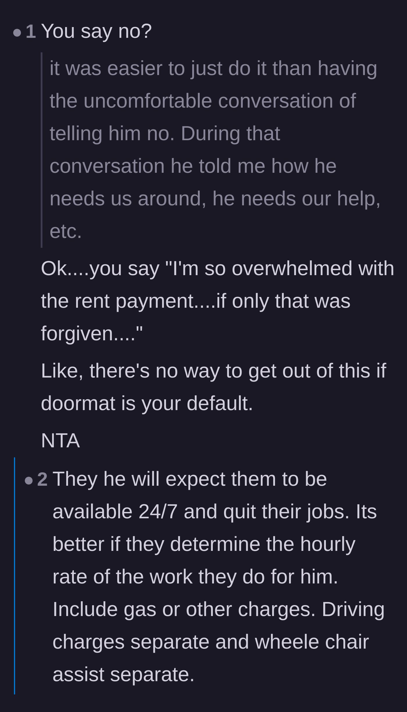 Comment thread 3 - Tough love about the tenant acting like a doormat instead of demanding rent relief or saying no