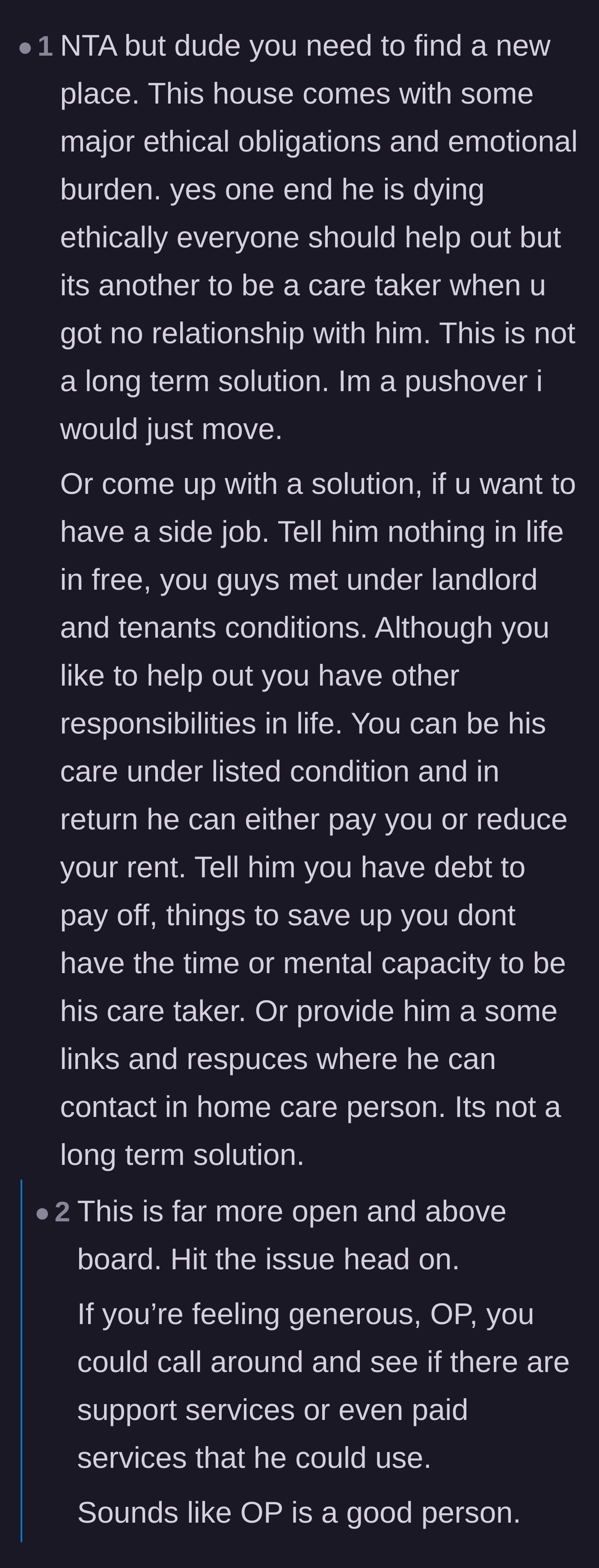 Comment thread 6 - Advice on either moving out to escape the ethical burden or formalizing a paid care agreement