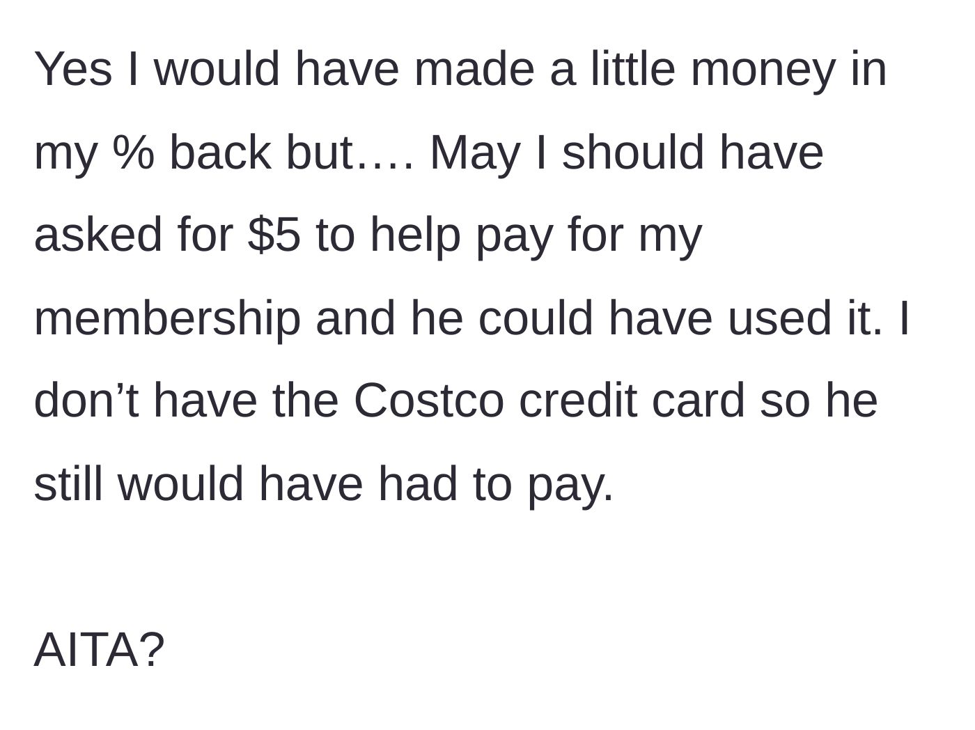 Story part 3 - The driver reflects on the missed cash-back rewards and jokes about charging a $5 rental fee, ultimately wondering if they were in the wrong.