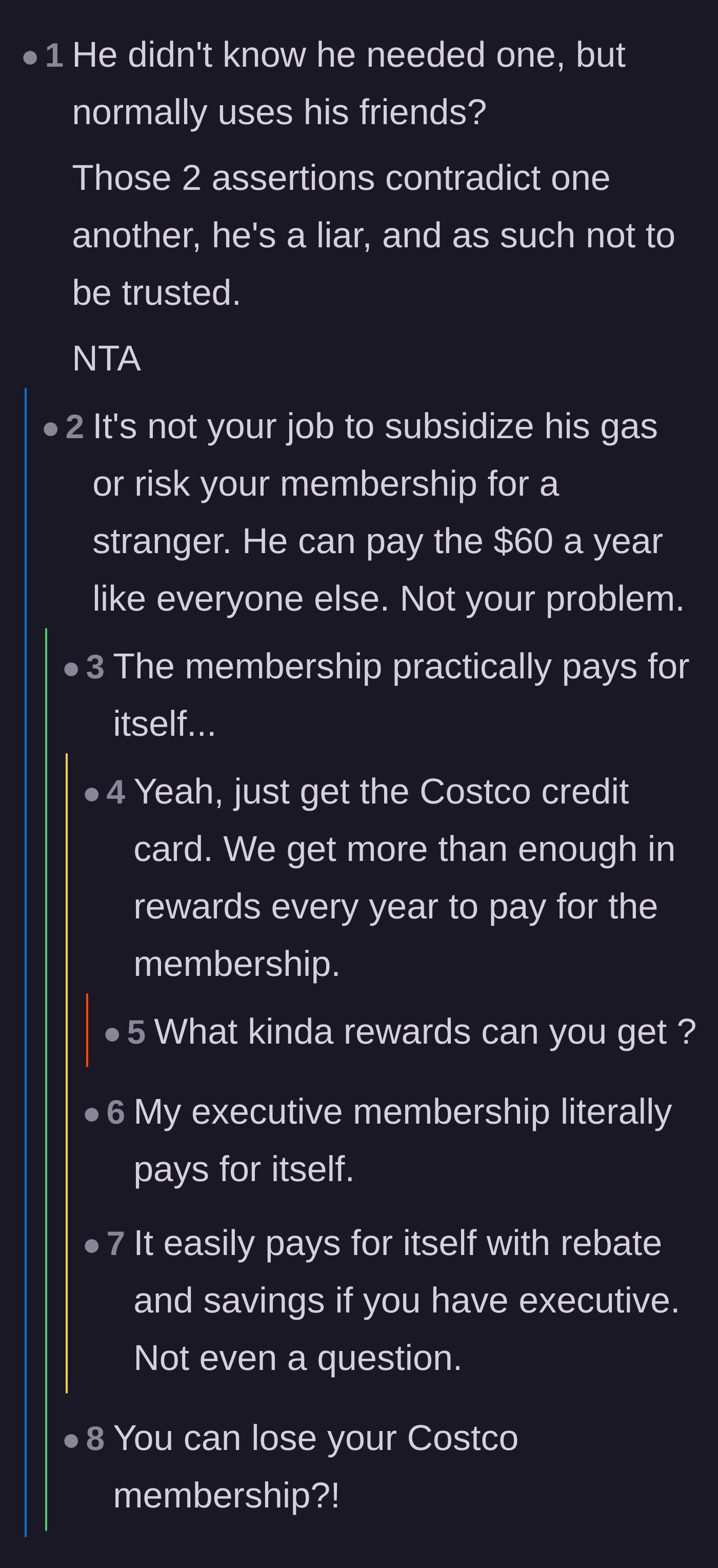Comment thread 1 - A discussion pointing out the stranger's contradictory excuses and how easily the membership pays for itself.