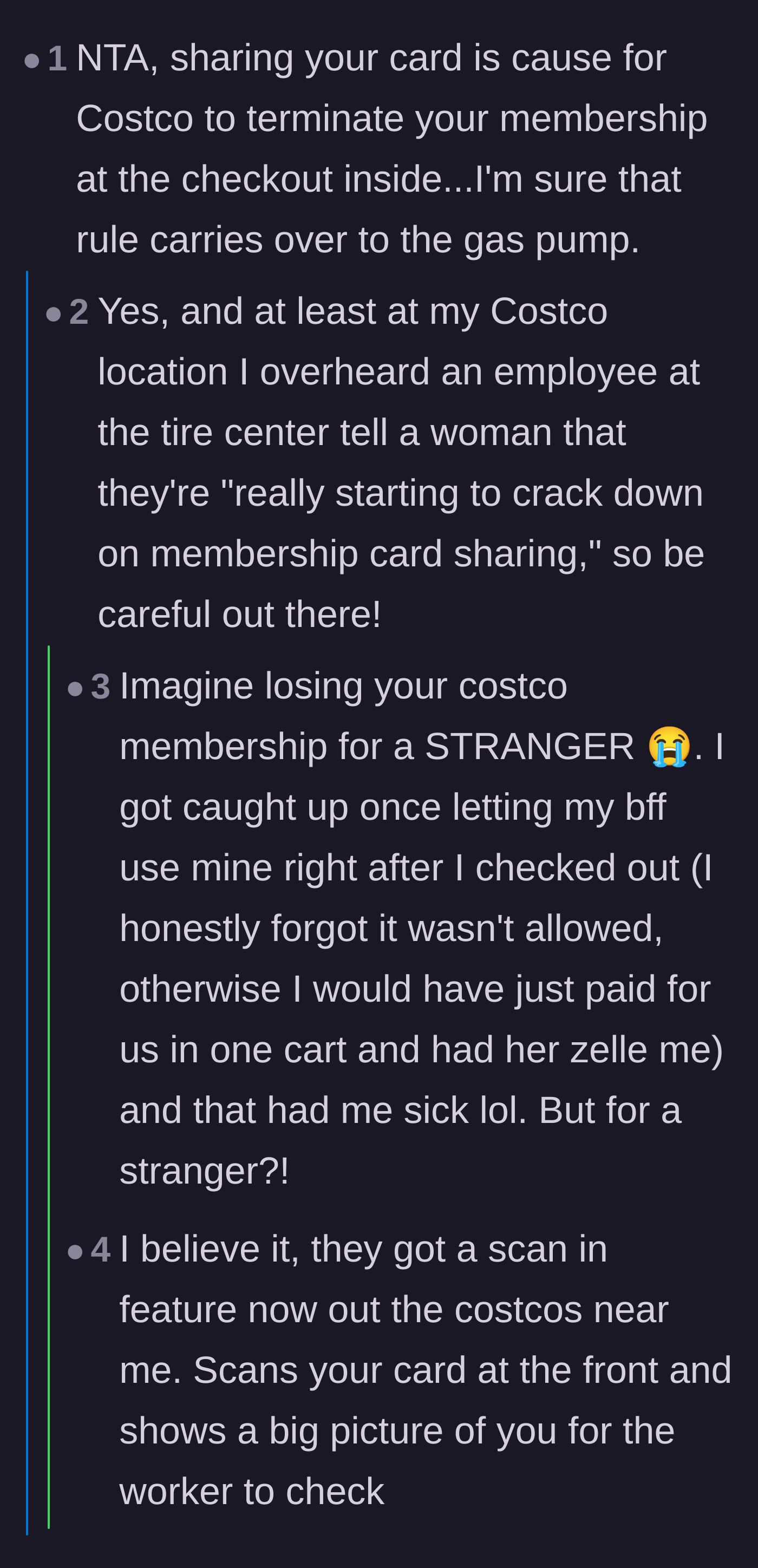 Comment thread 2 - A warning about Costco's strict anti-sharing policies, employee crackdowns, and new ID scanners.