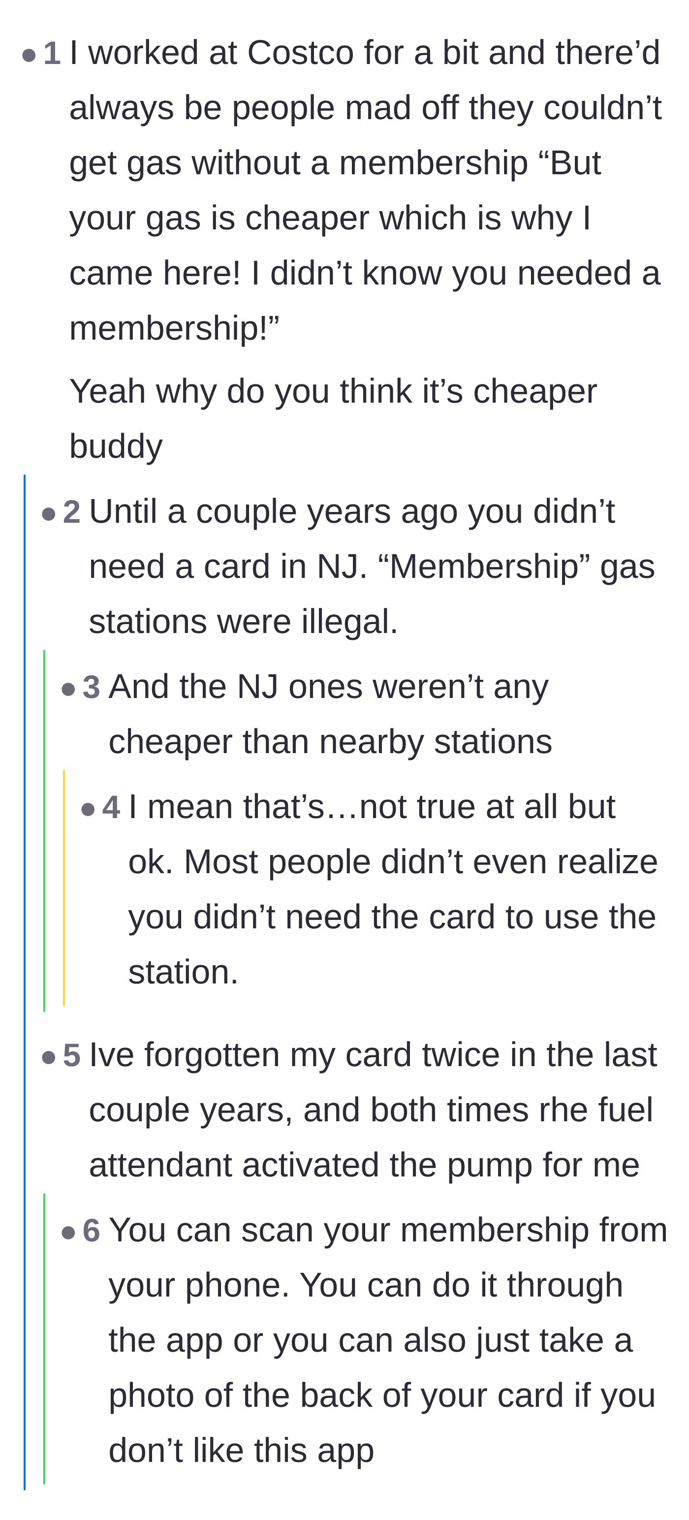 Comment thread 4 - A former employee venting about entitled customers who want discounted gas without paying the membership fee.