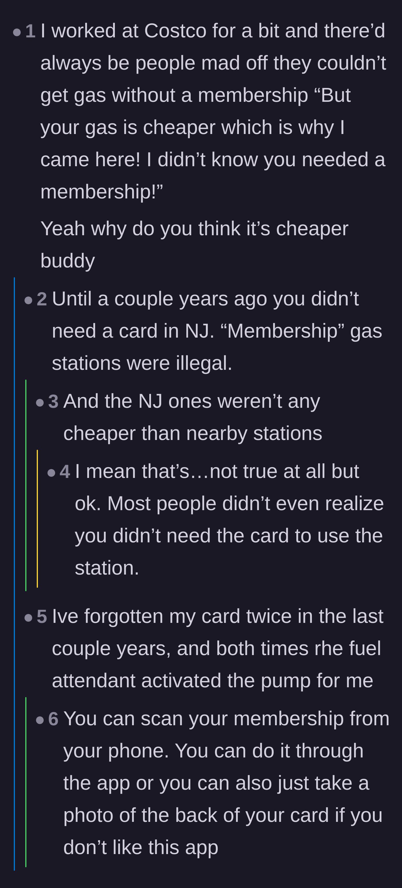 Comment thread 4 - A former employee venting about entitled customers who want discounted gas without paying the membership fee.