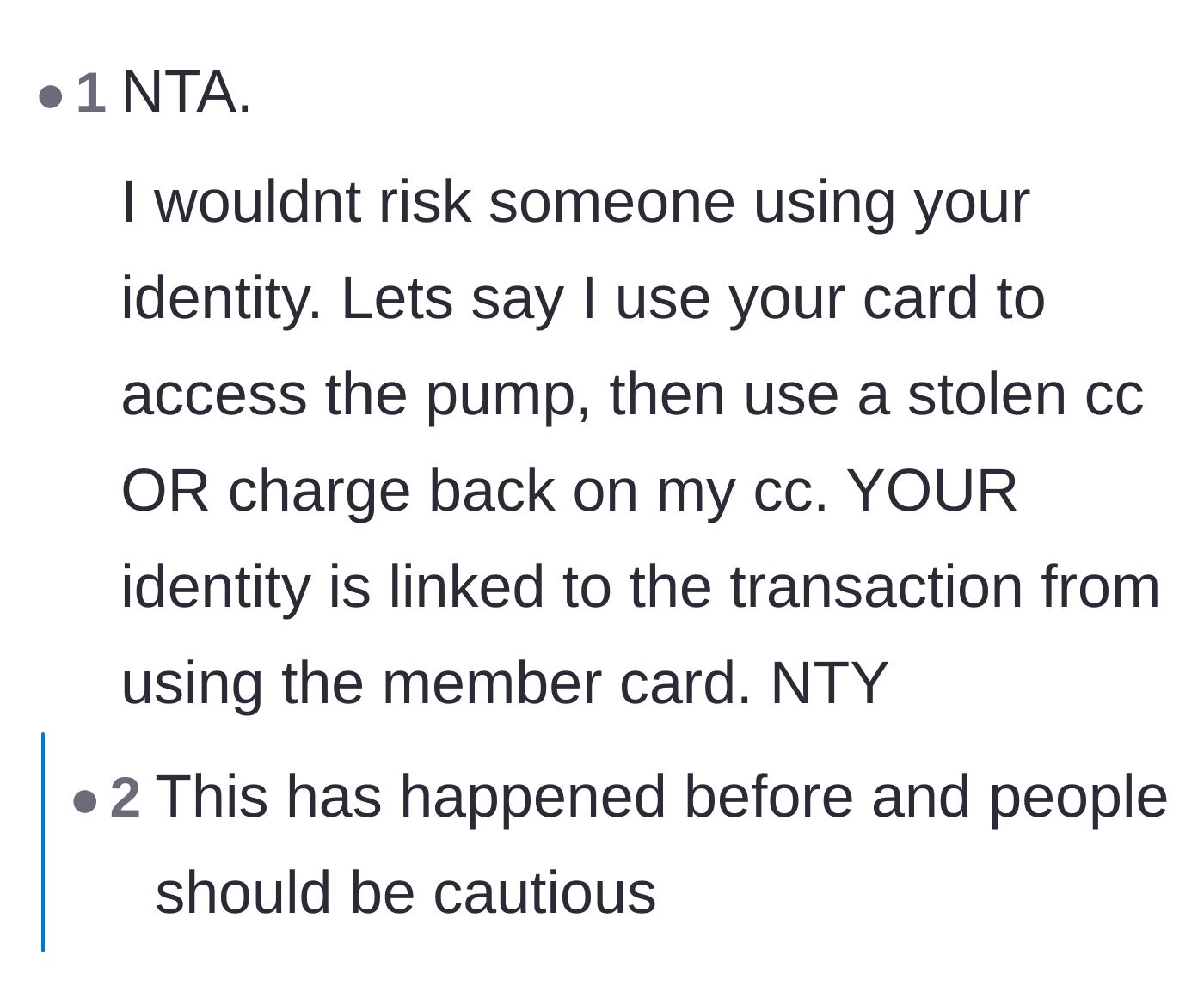 Comment thread 5 - A practical warning about the dangers of linking your membership identity to a stranger's potentially stolen credit card.