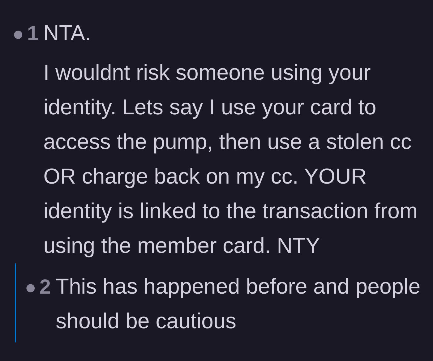 Comment thread 5 - A practical warning about the dangers of linking your membership identity to a stranger's potentially stolen credit card.