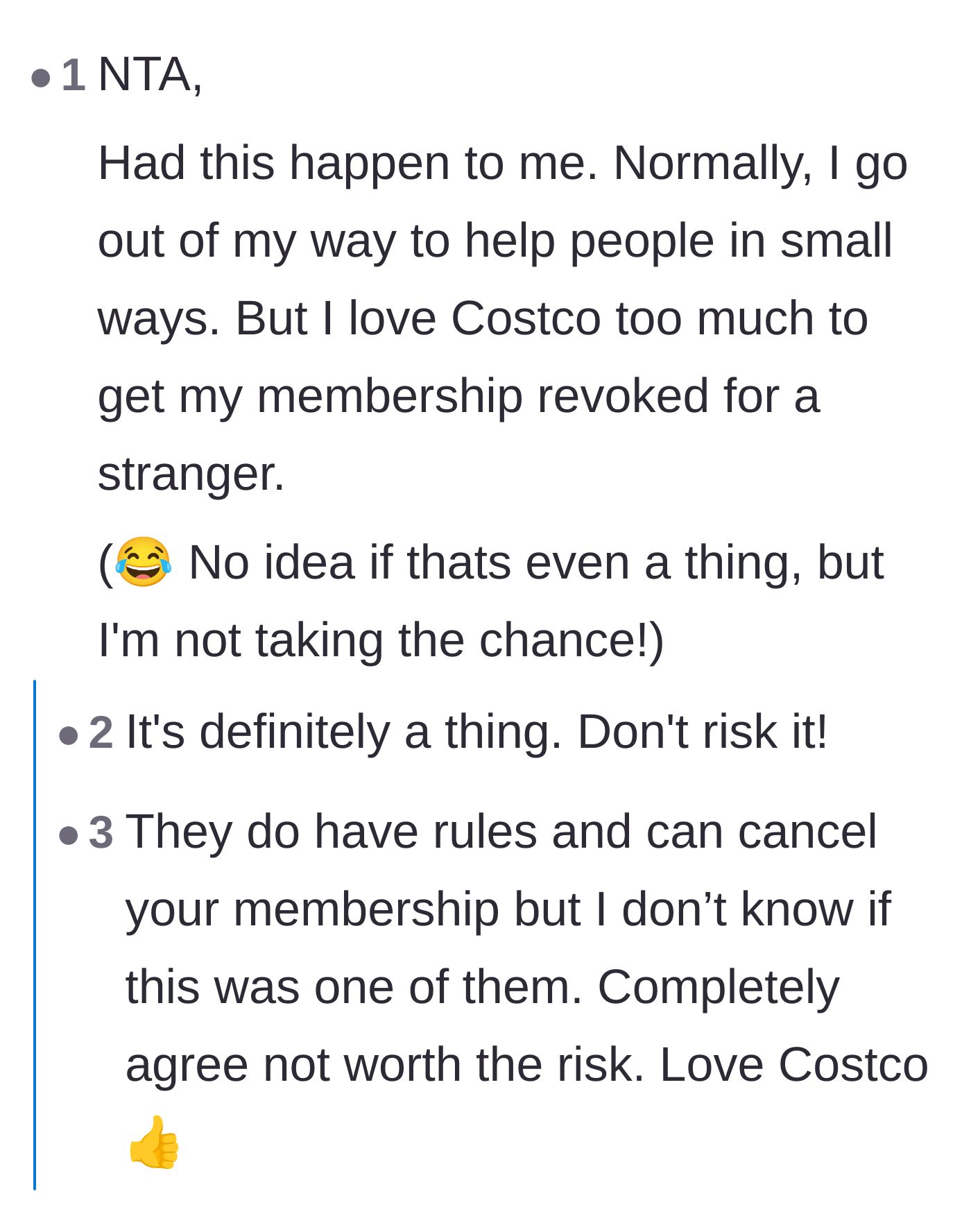 Comment thread 6 - A relatable admission that Costco access is far too valuable to risk losing over a stranger's demand.