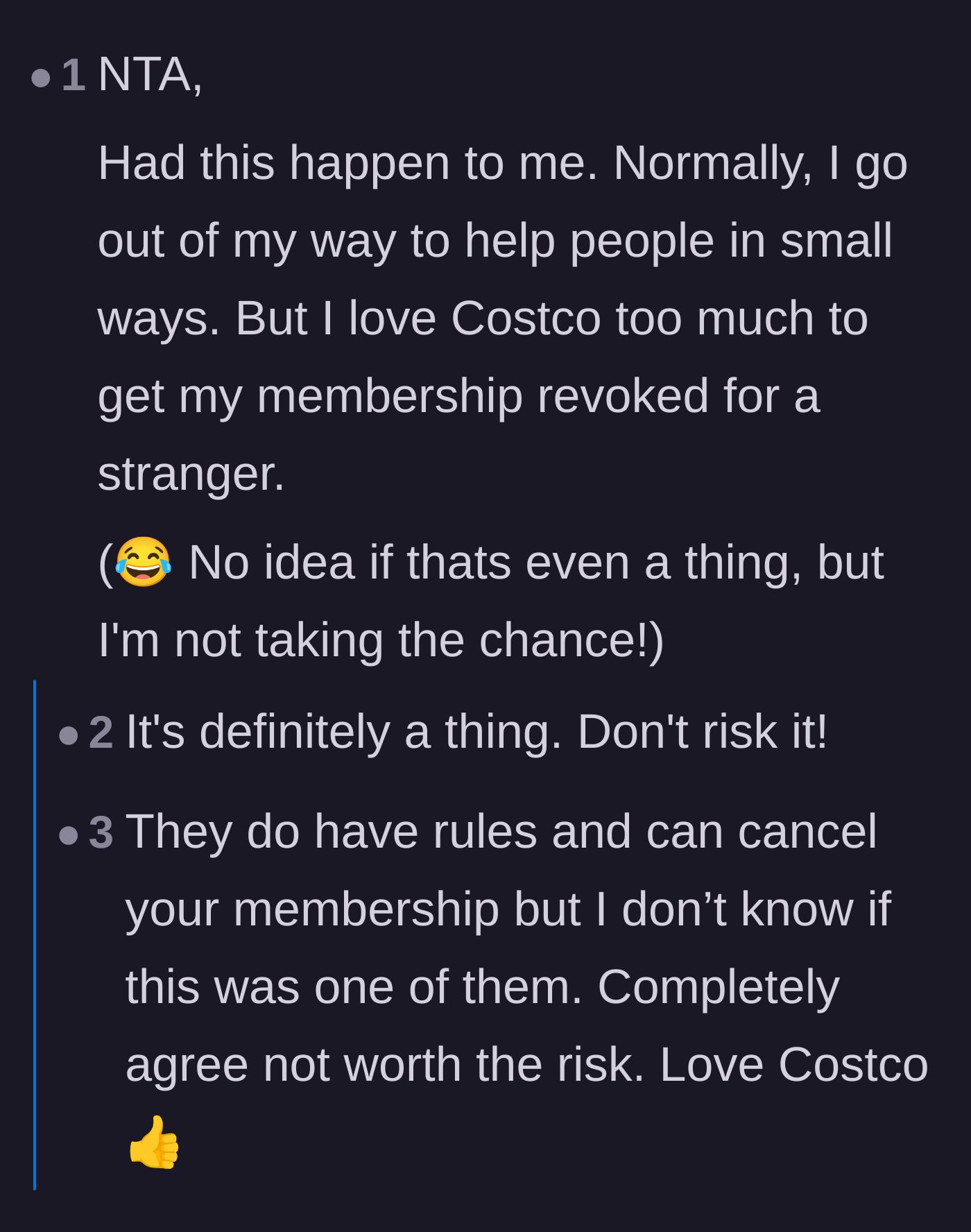 Comment thread 6 - A relatable admission that Costco access is far too valuable to risk losing over a stranger's demand.