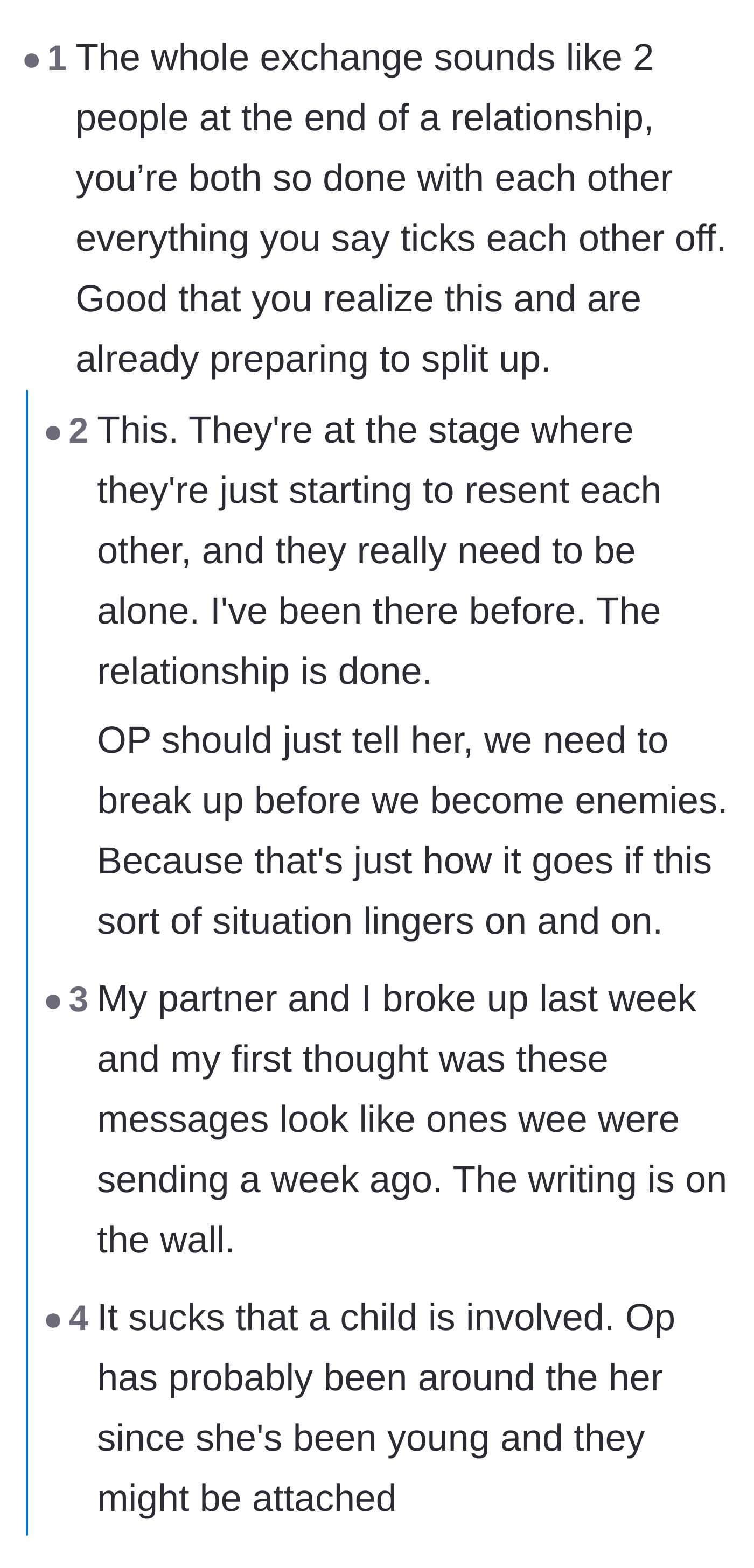 Comment thread 1 - Readers pointing out that mutual resentment means the relationship is already over