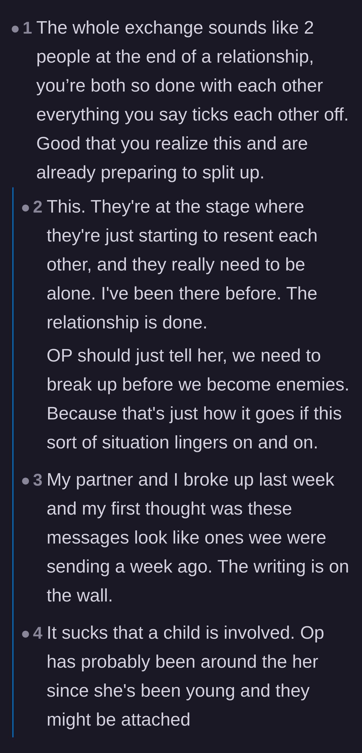 Comment thread 1 - Readers pointing out that mutual resentment means the relationship is already over