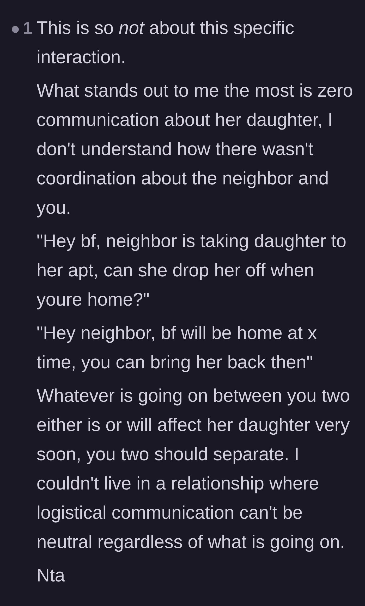 Comment thread 4 - Discussing the bizarre lack of basic babysitting coordination between the couple