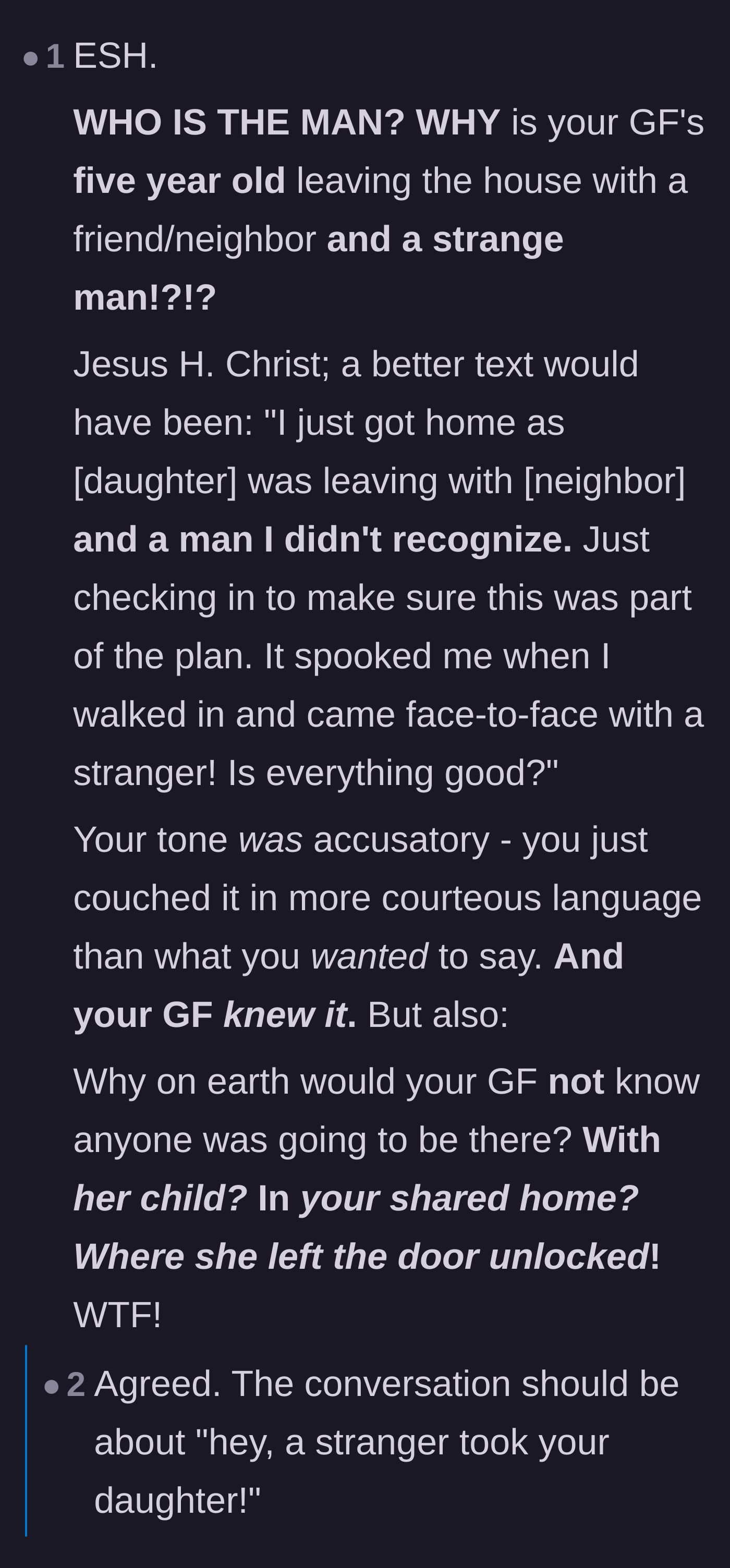 Comment thread 5 - Debating whether the author should have worried more about the child leaving with a stranger