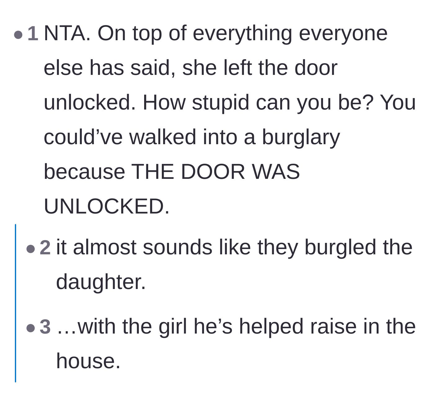 Comment thread 6 - Calling out the massive safety hazard of leaving the apartment door unlocked