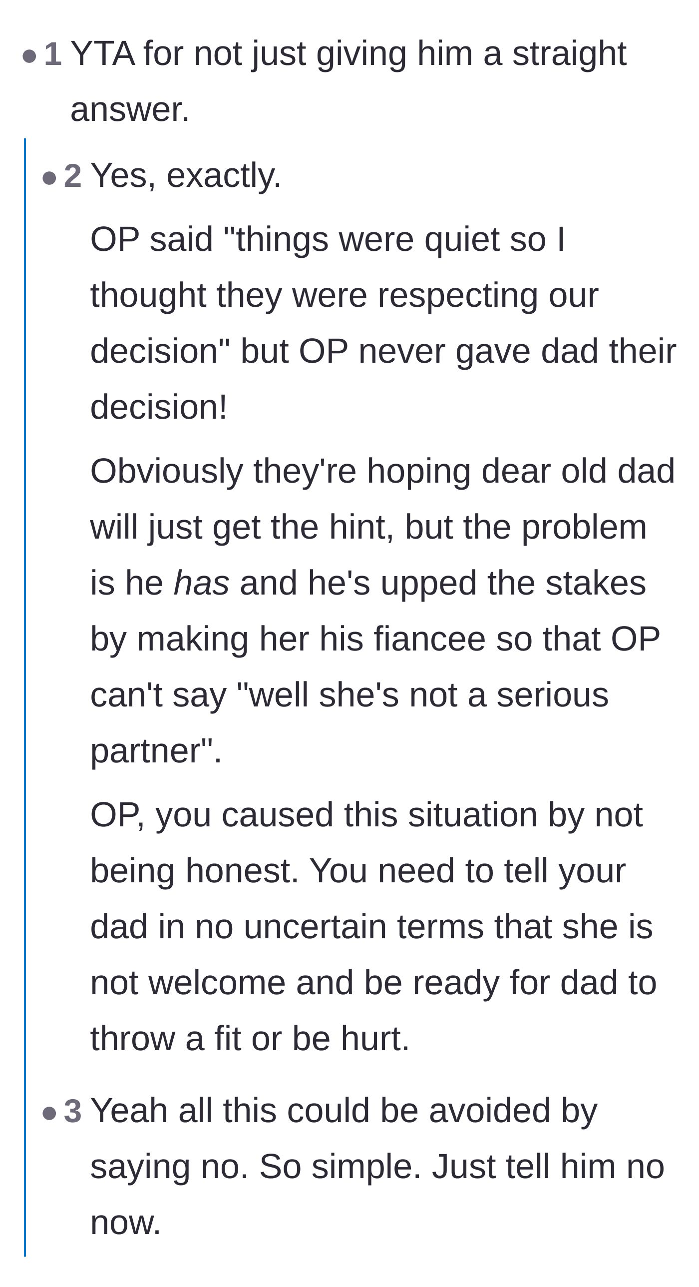 Comment thread 1 - Readers criticize the author for not giving her dad a firm 'no' and handing him the loophole he needed.