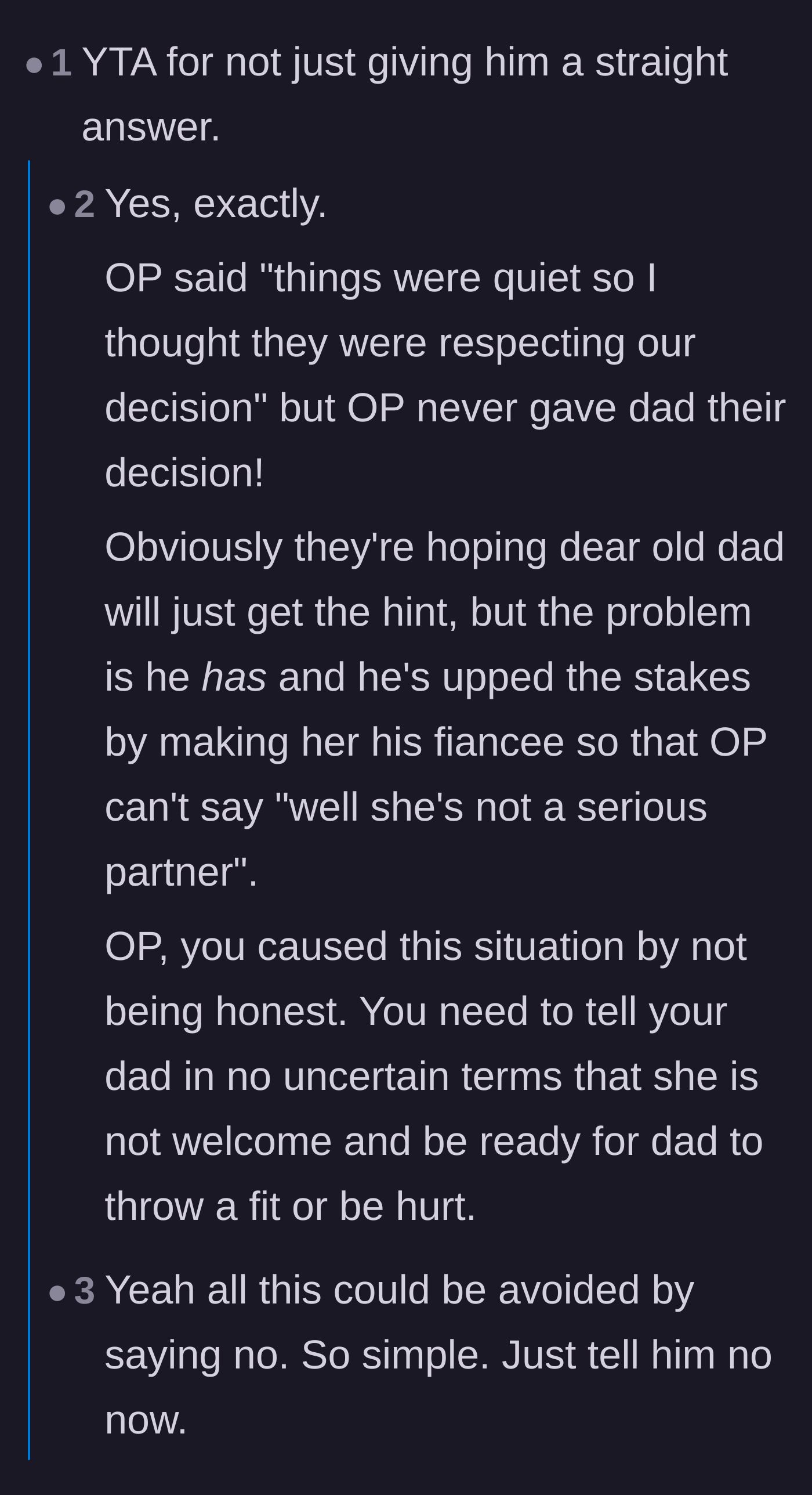 Comment thread 1 - Readers criticize the author for not giving her dad a firm 'no' and handing him the loophole he needed.