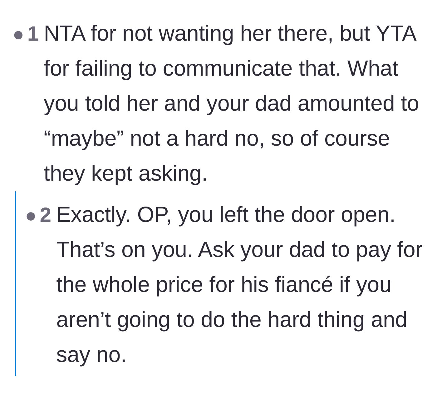 Comment thread 2 - Commenters agree the couple is at fault for leaving the door open to the dad's escalating requests.