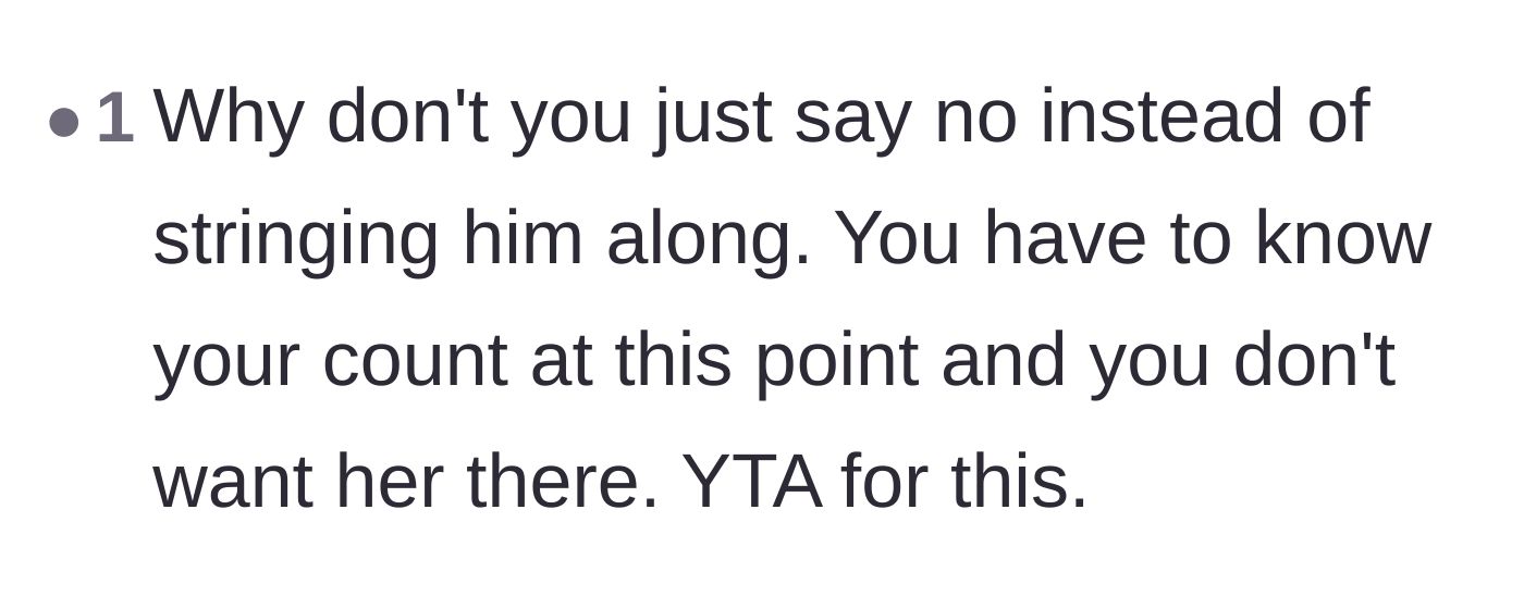 Comment thread 3 - A reader bluntly calls out the author for stringing the father along instead of just rejecting the plus-one.