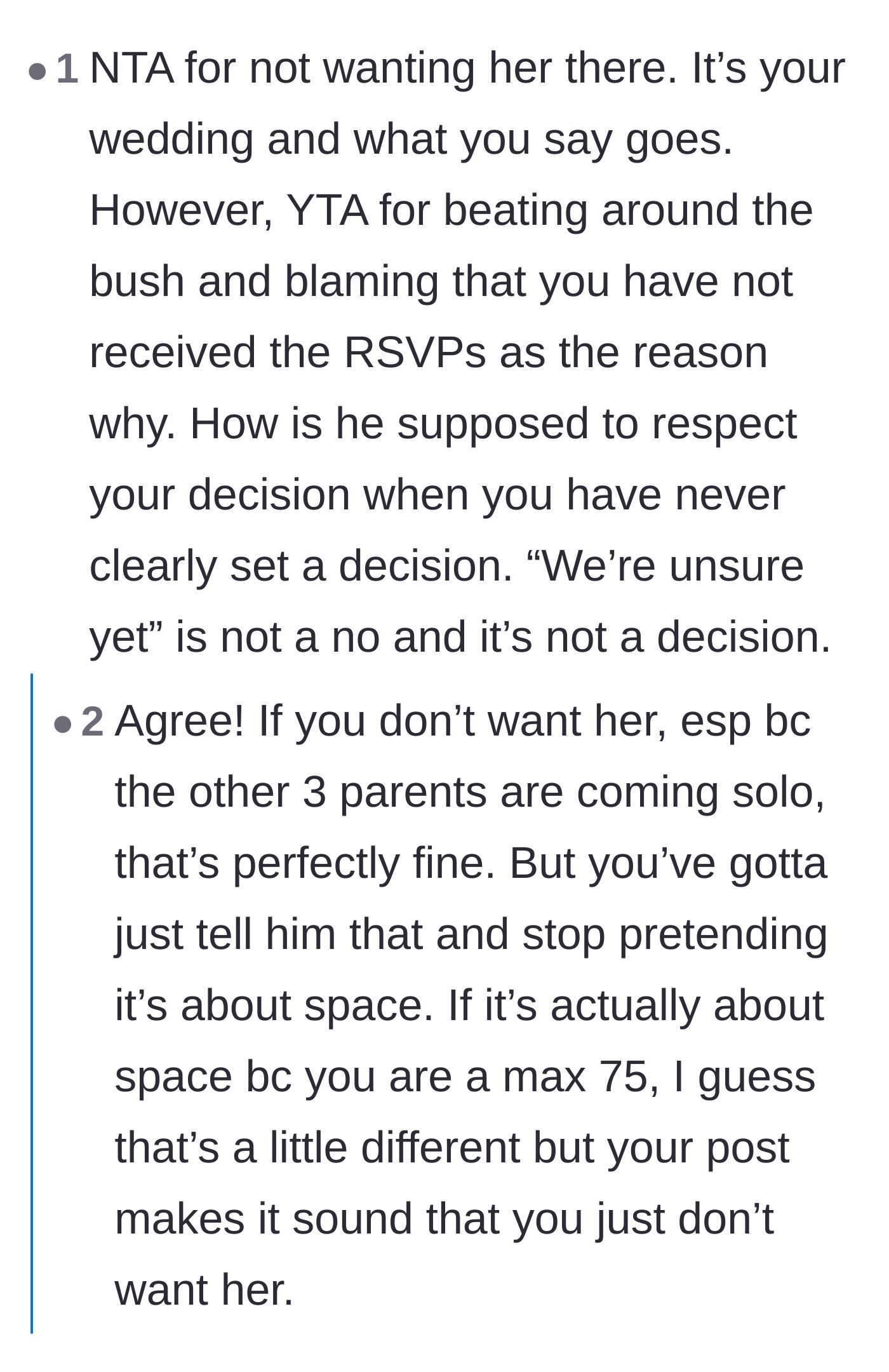 Comment thread 5 - A heated debate over whether the couple is being egocentric by excluding the father's new partner.