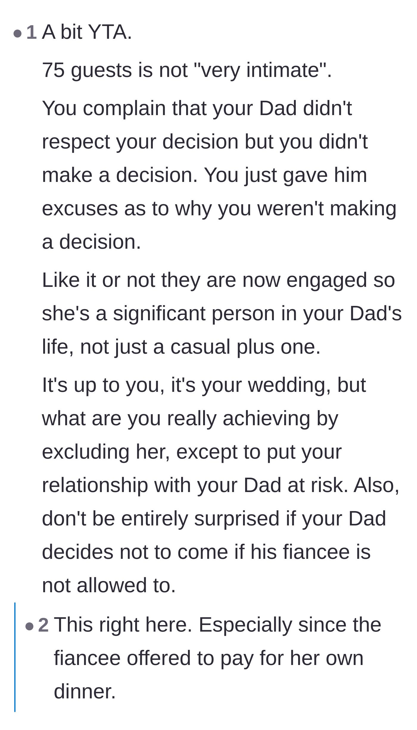 Comment thread 6 - A commenter argues that 75 guests isn't actually intimate and the dad's financial offer was a valid compromise.