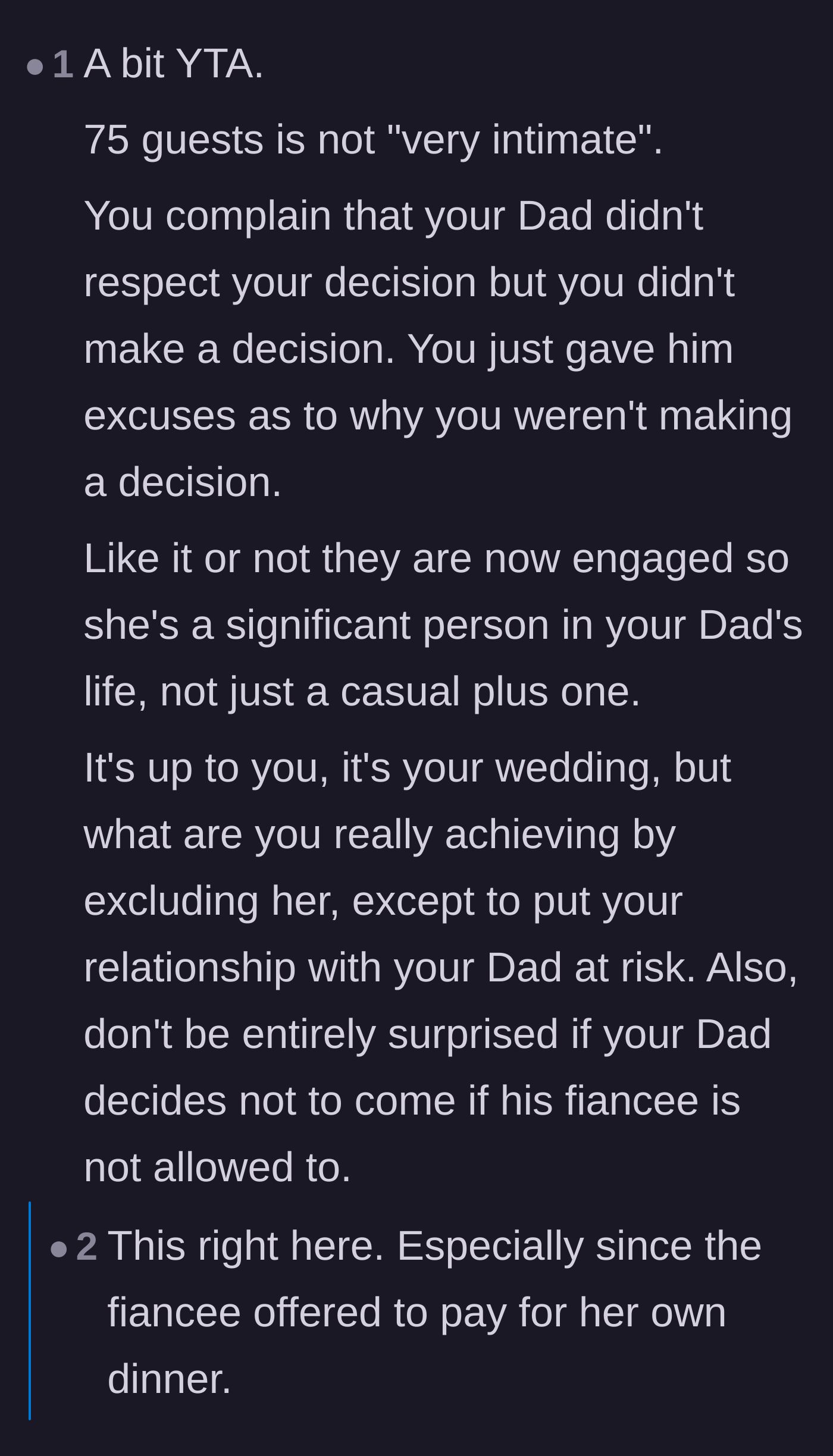 Comment thread 6 - A commenter argues that 75 guests isn't actually intimate and the dad's financial offer was a valid compromise.