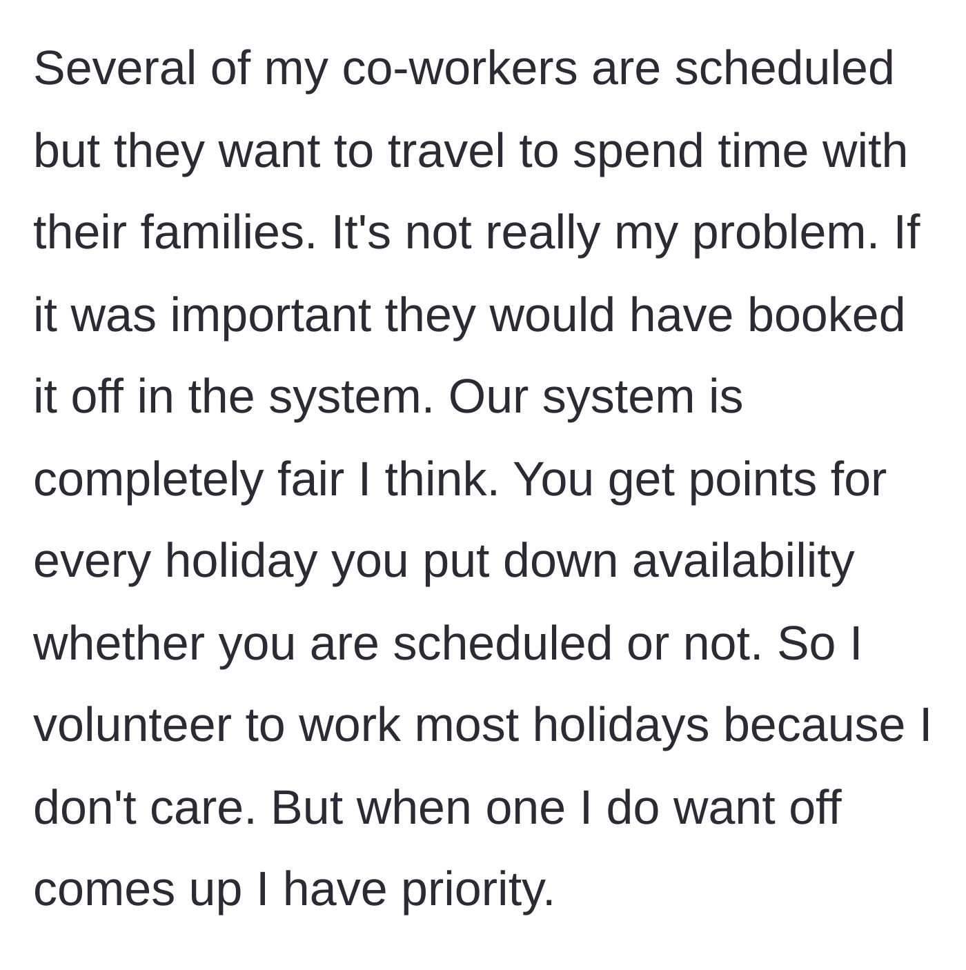 Story part 2 - Explaining the workplace holiday points system and lack of coworker planning.