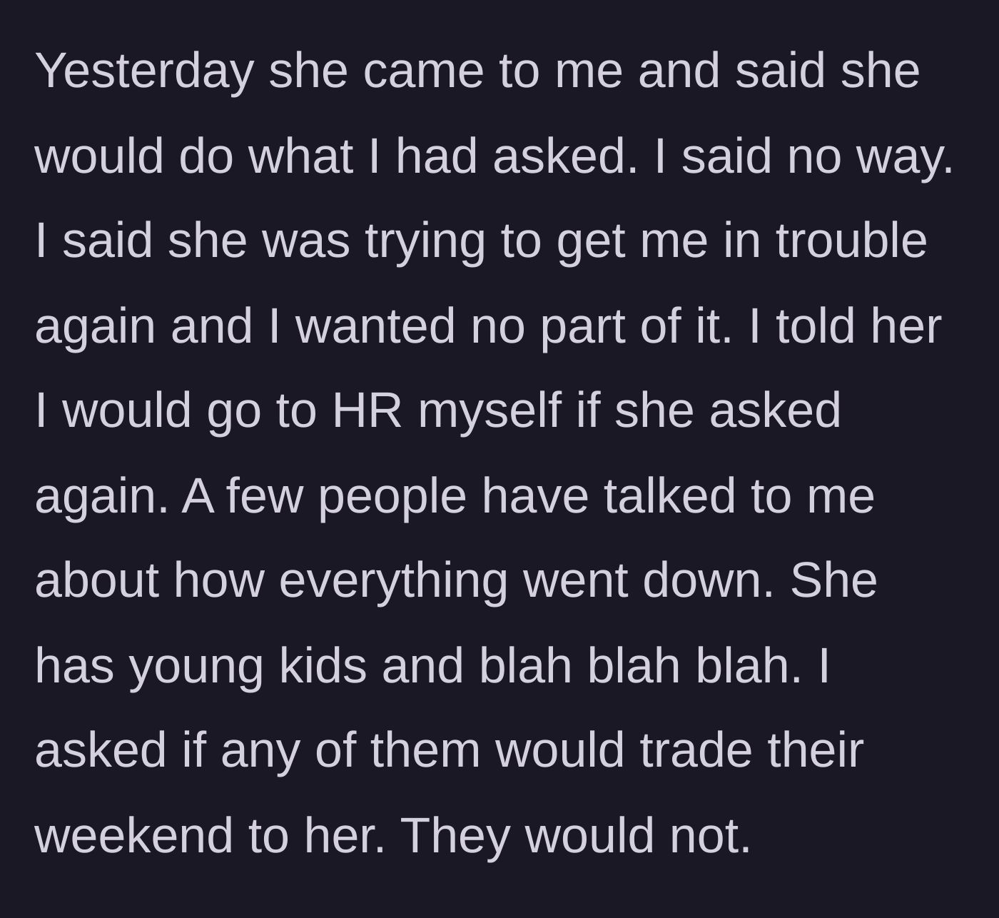 Story part 6 - The coworker coming back to accept the deal, being rejected, and bystanders refusing to help.