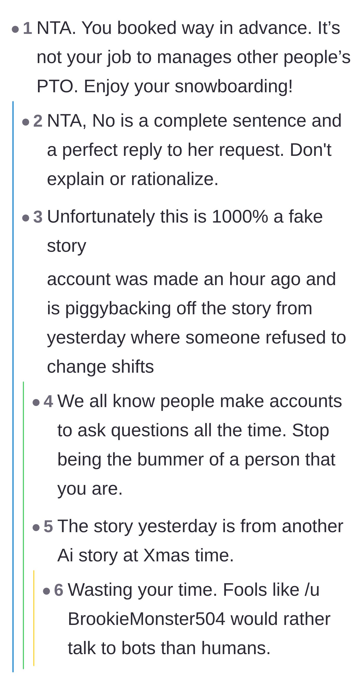 Comment thread 1 - Debating PTO boundaries and questioning the story's authenticity.