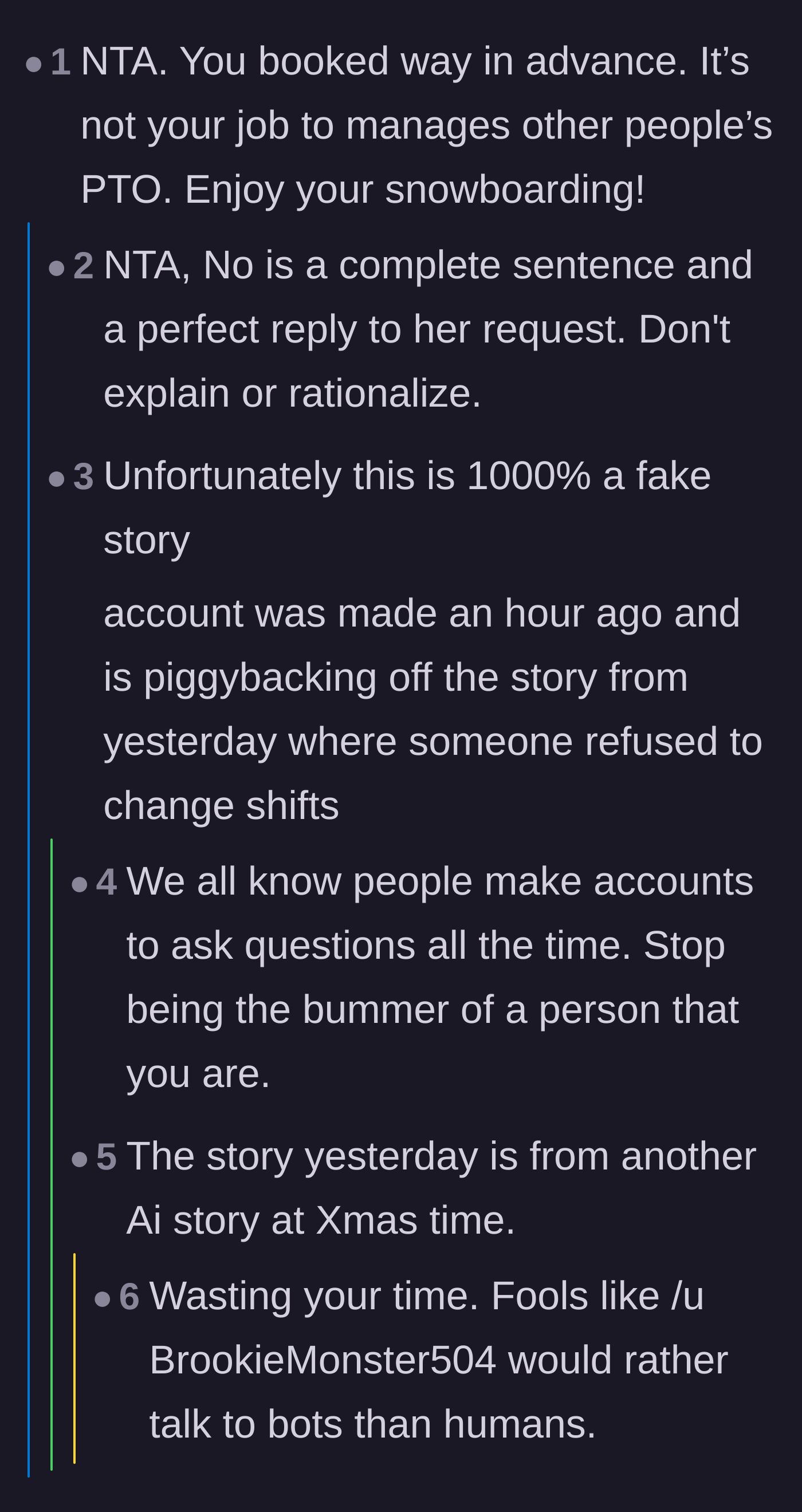 Comment thread 1 - Debating PTO boundaries and questioning the story's authenticity.