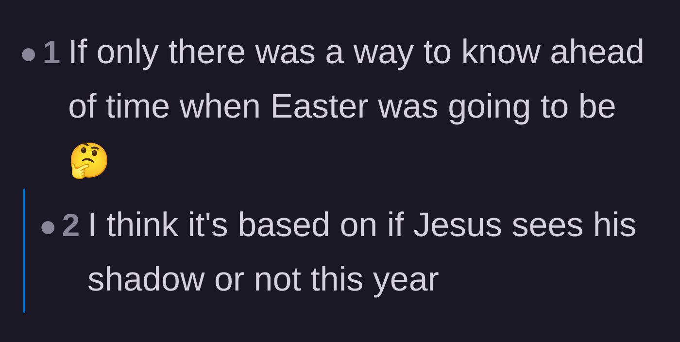 Comment thread 6 - Sarcastic remarks about how the date of Easter is a known event, comparing it to Groundhog Day.