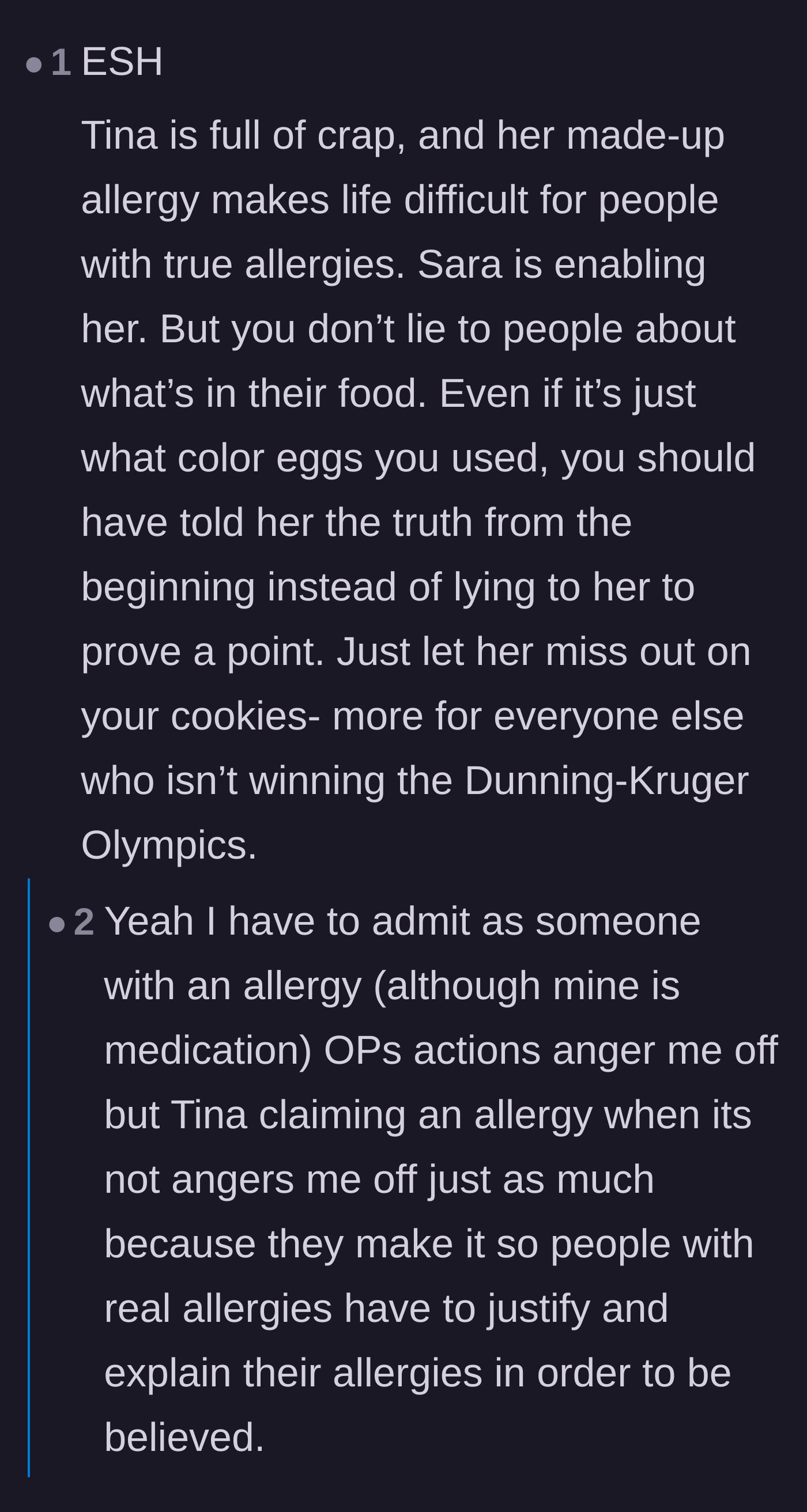 Comment thread 1 - A debate on how fake medical claims harm actual allergy sufferers, but why lying about ingredients is still an unforgivable boundary violation.