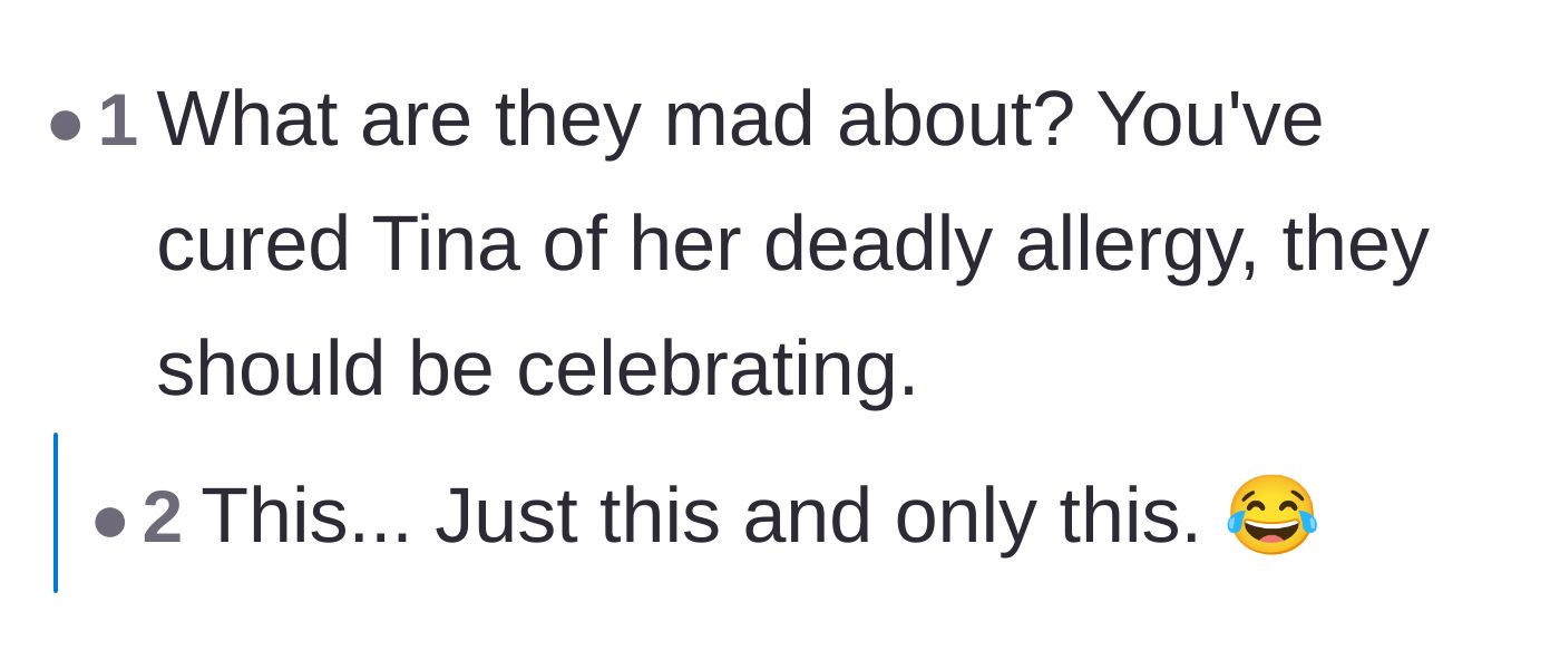 Comment thread 2 - A sarcastic quip pointing out the absurdity of the coworker surviving the supposed deadly allergy unscathed.