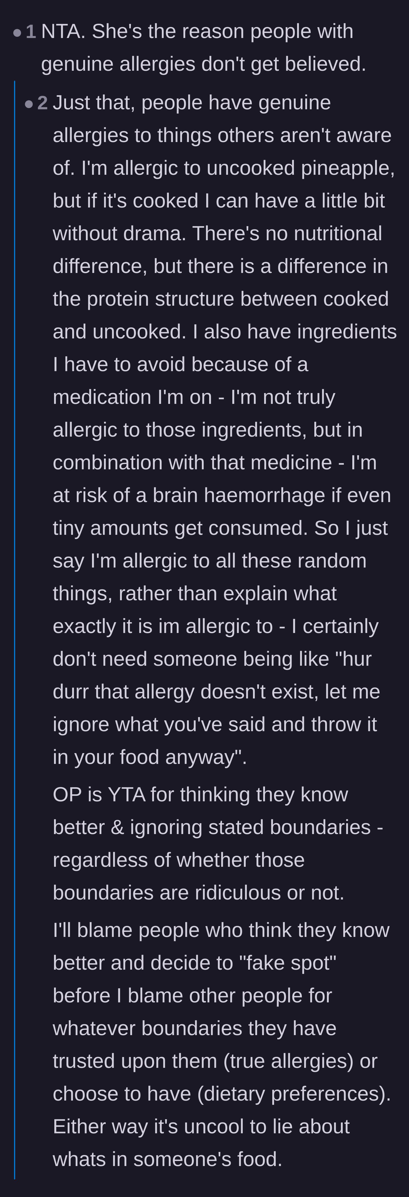 Comment thread 5 - A discussion focusing on the intense frustration experienced by people with real, complex allergies when dealing with fakers.