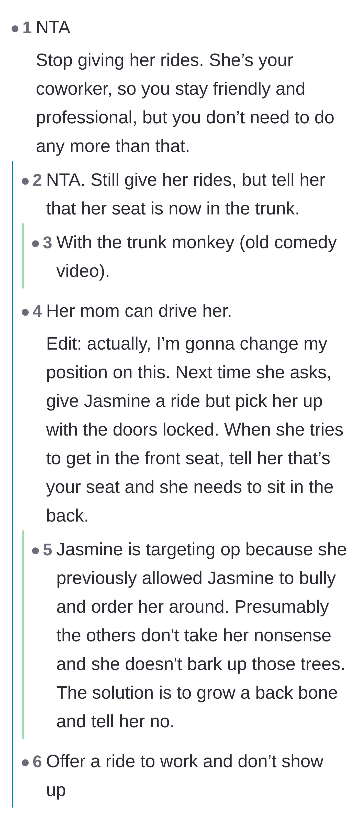 Comment thread 1 - Readers advise stopping the carpool favors and joke about making the entitled coworker sit in the trunk.