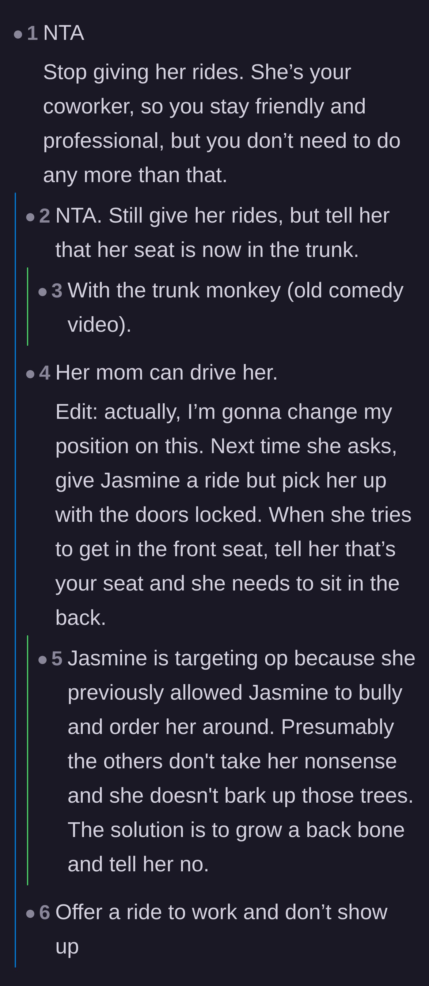 Comment thread 1 - Readers advise stopping the carpool favors and joke about making the entitled coworker sit in the trunk.