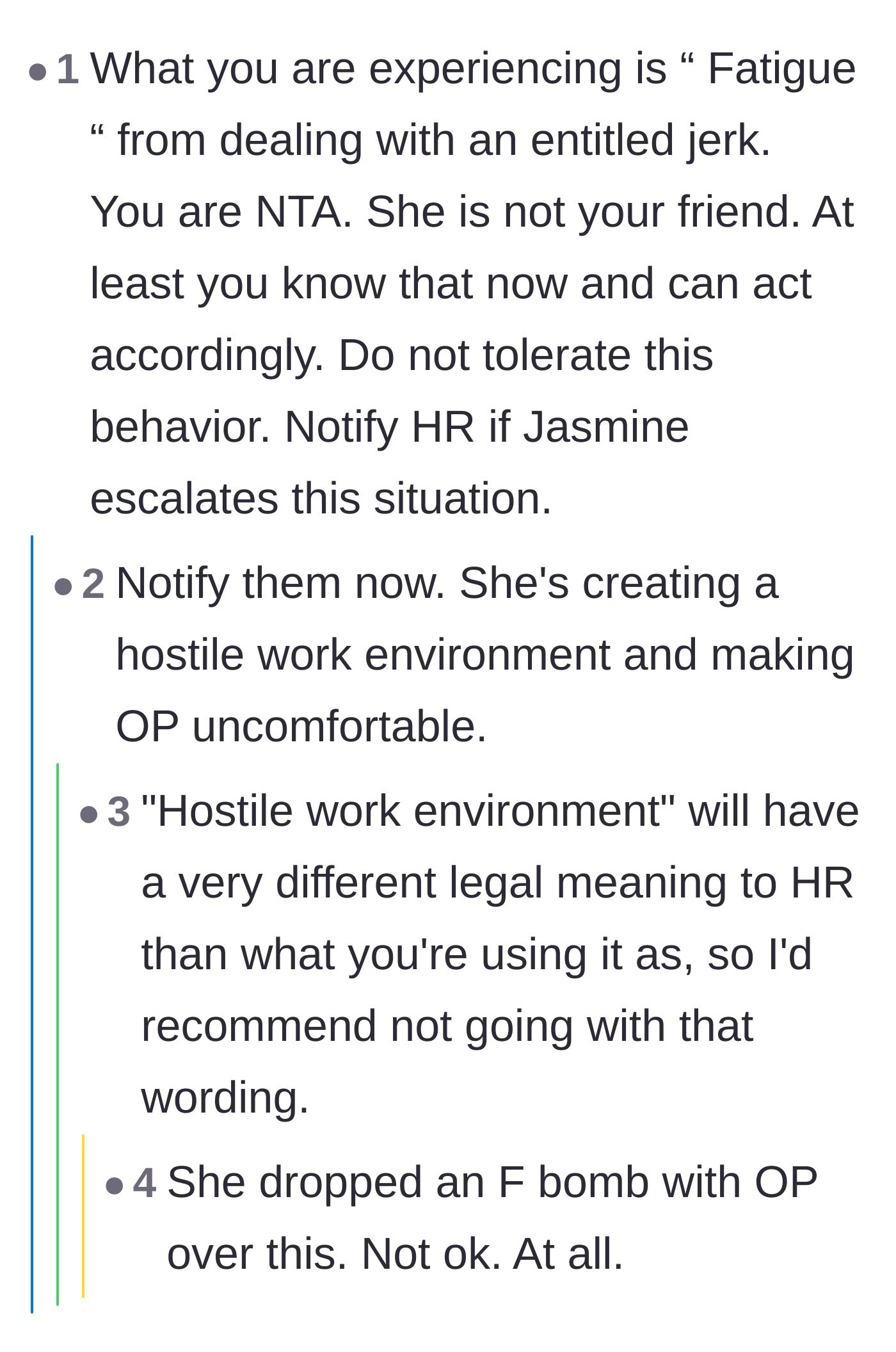 Comment thread 3 - Discussion on entitled behavior fatigue and whether to involve HR over the coworker's swearing.