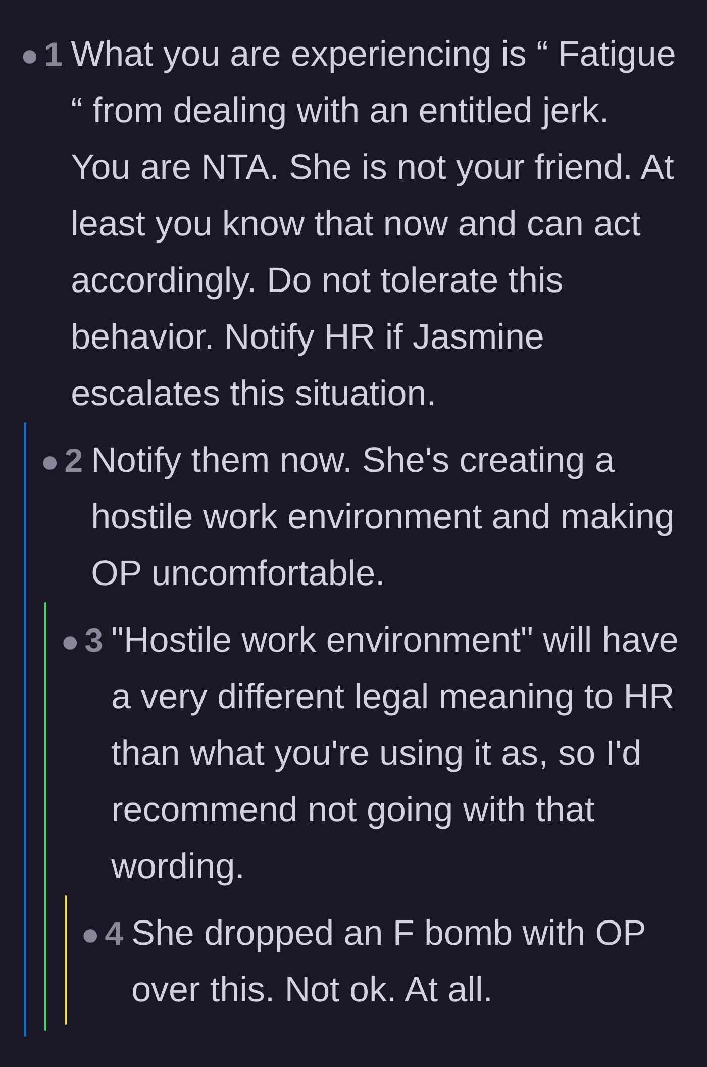 Comment thread 3 - Discussion on entitled behavior fatigue and whether to involve HR over the coworker's swearing.