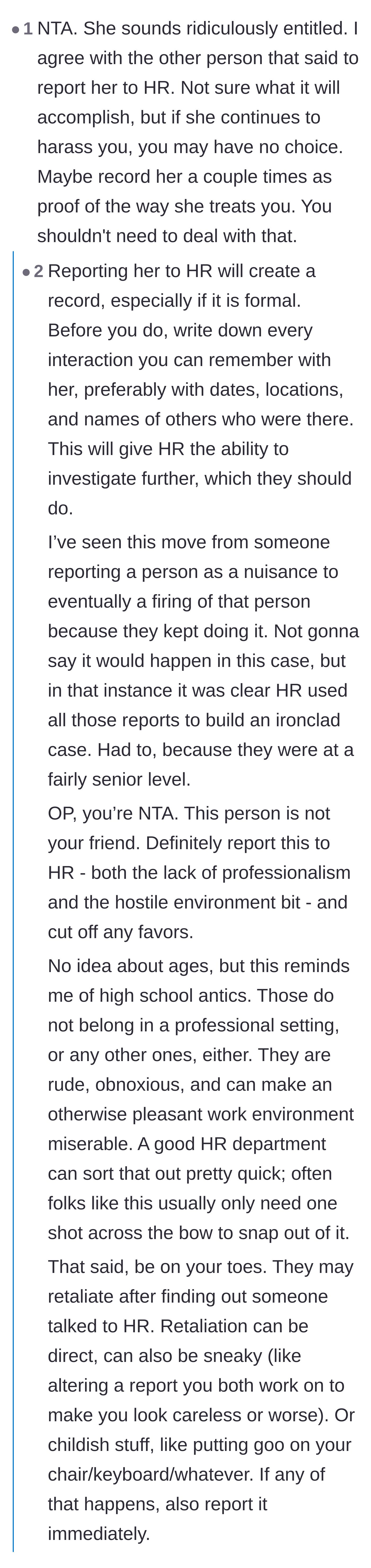 Comment thread 6 - Detailed advice on documenting interactions for HR to build a case against workplace bullying.