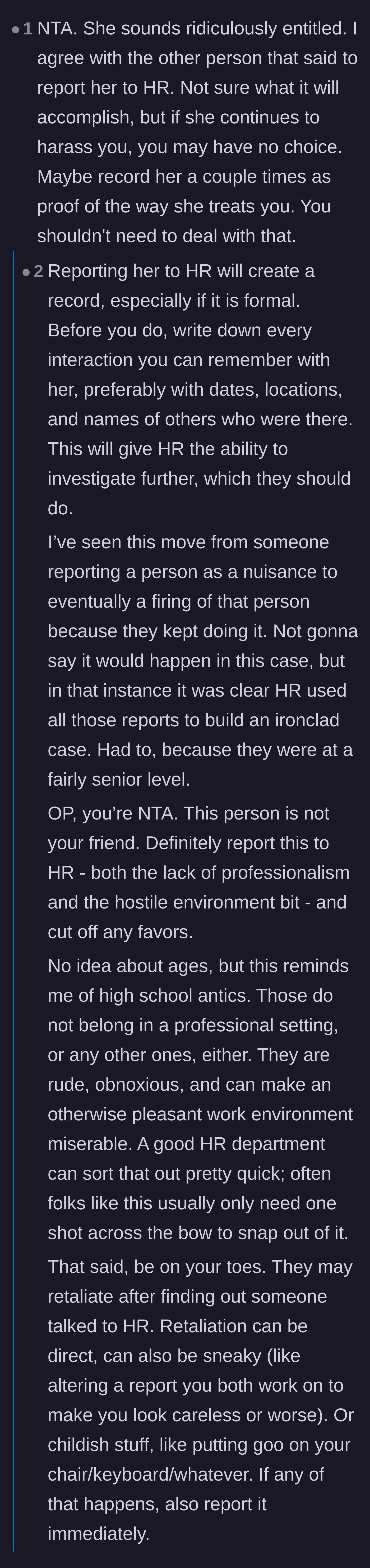 Comment thread 6 - Detailed advice on documenting interactions for HR to build a case against workplace bullying.