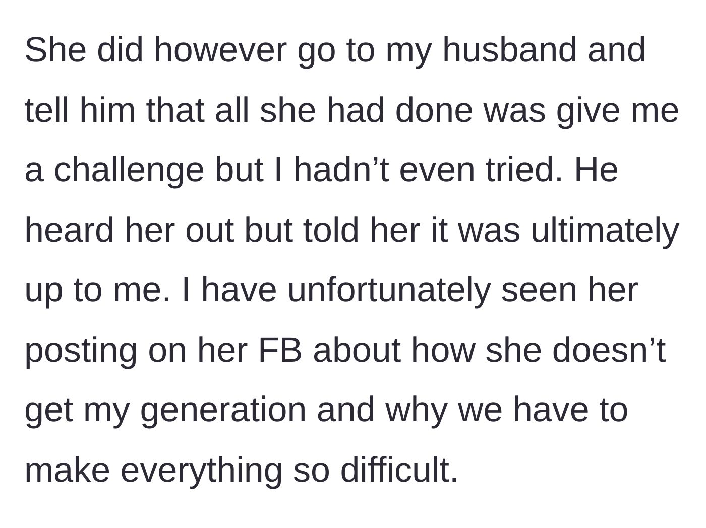 Story part 7 - The mother-in-law complaining to the husband and posting passive-aggressive comments on Facebook.
