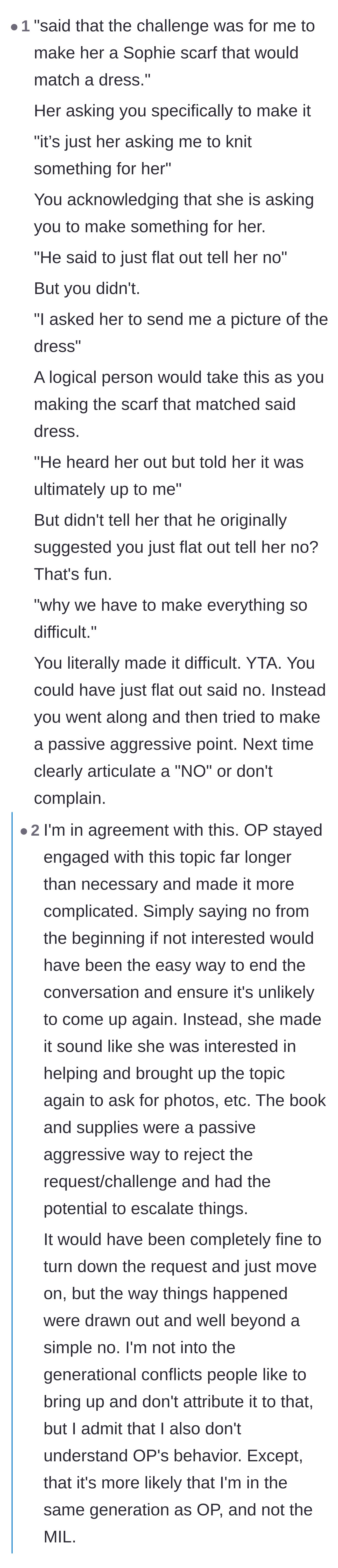 Comment thread 1 - Debating why the crafter should have simply said no instead of escalating the situation.
