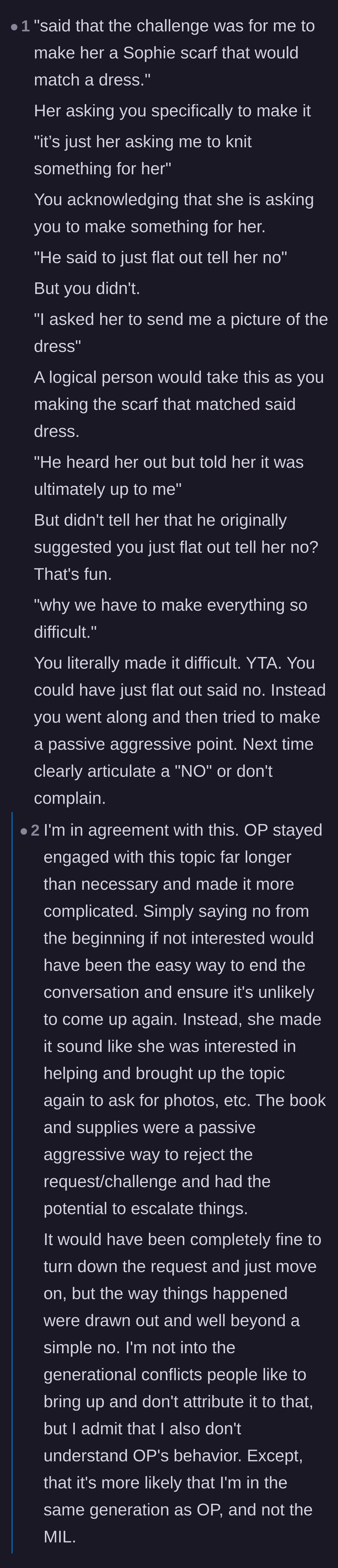Comment thread 1 - Debating why the crafter should have simply said no instead of escalating the situation.