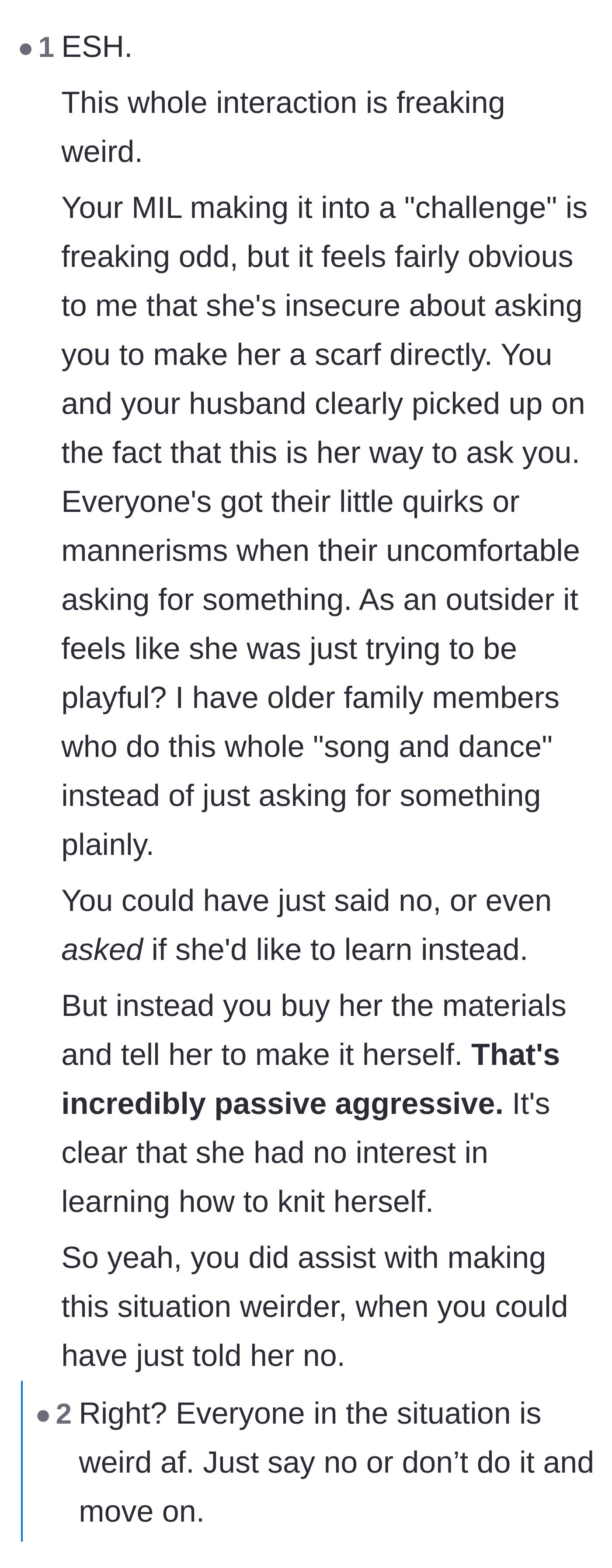 Comment thread 2 - Discussing the passive-aggressive behavior displayed by both the mother-in-law and the crafter.